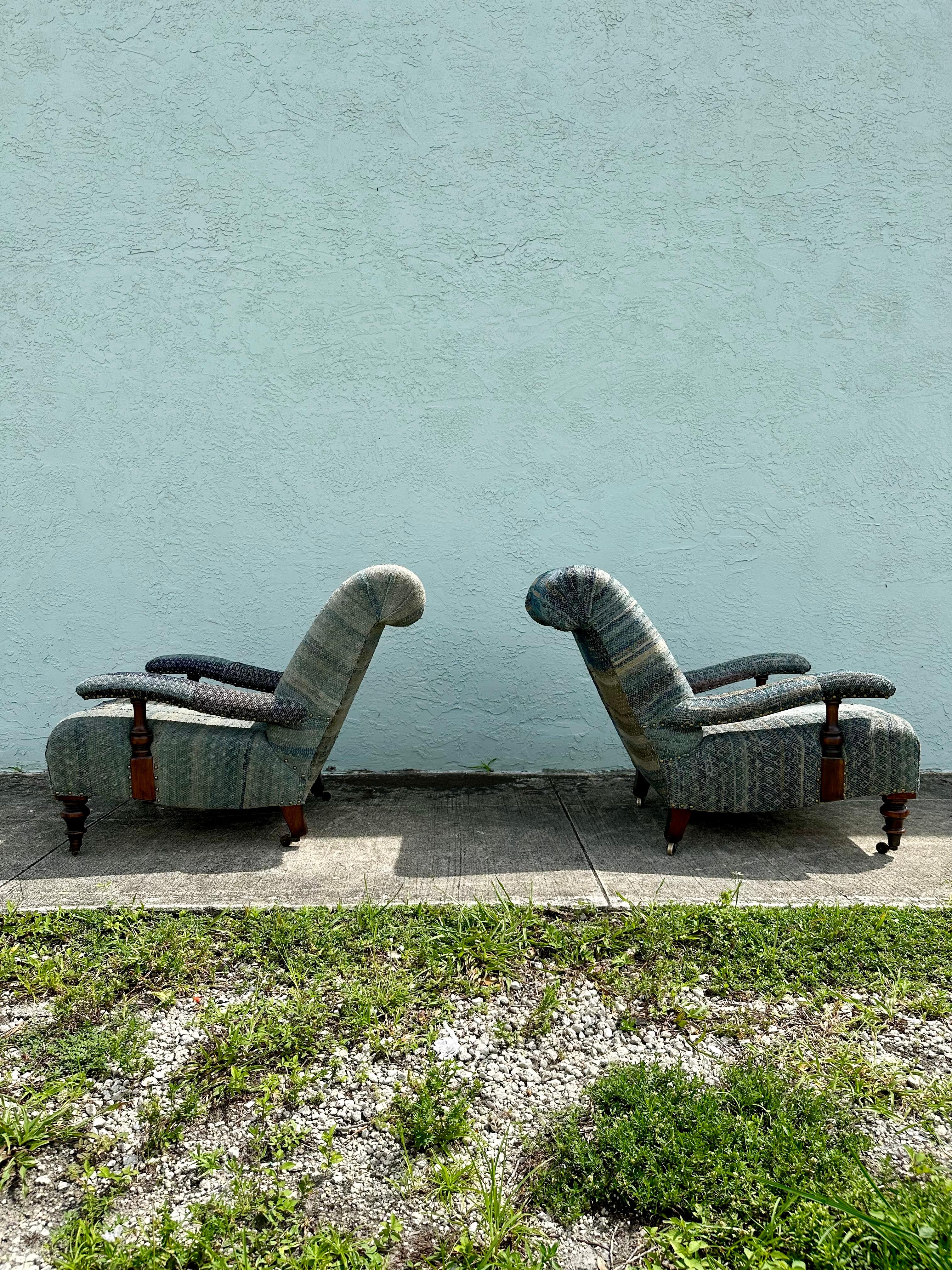 Contemporary Ralph Lauren Castors Vintage Style Patchwork Indigo Blue Chairs, Set of 2