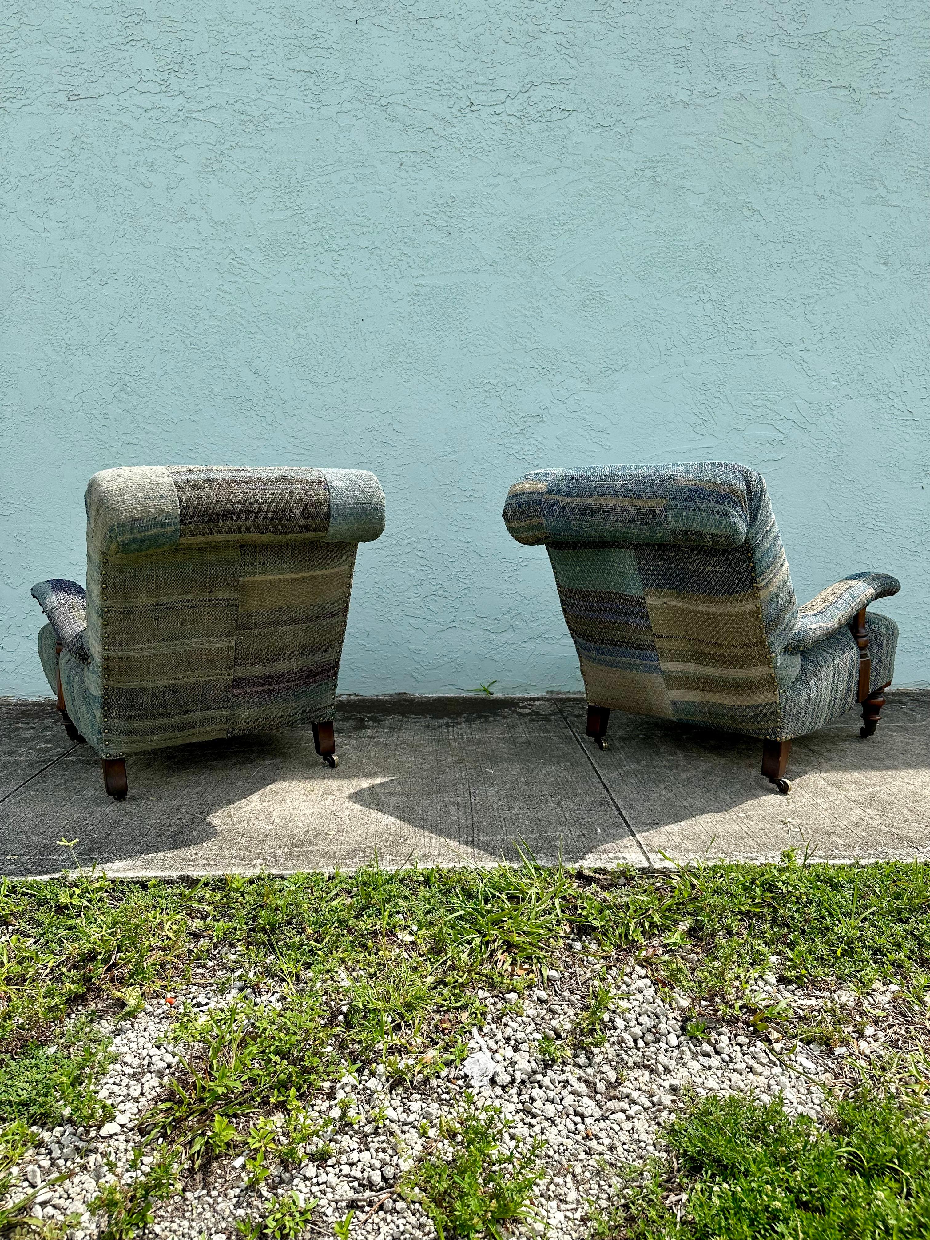 Brass Ralph Lauren Castors Vintage Style Patchwork Indigo Blue Chairs, Set of 2