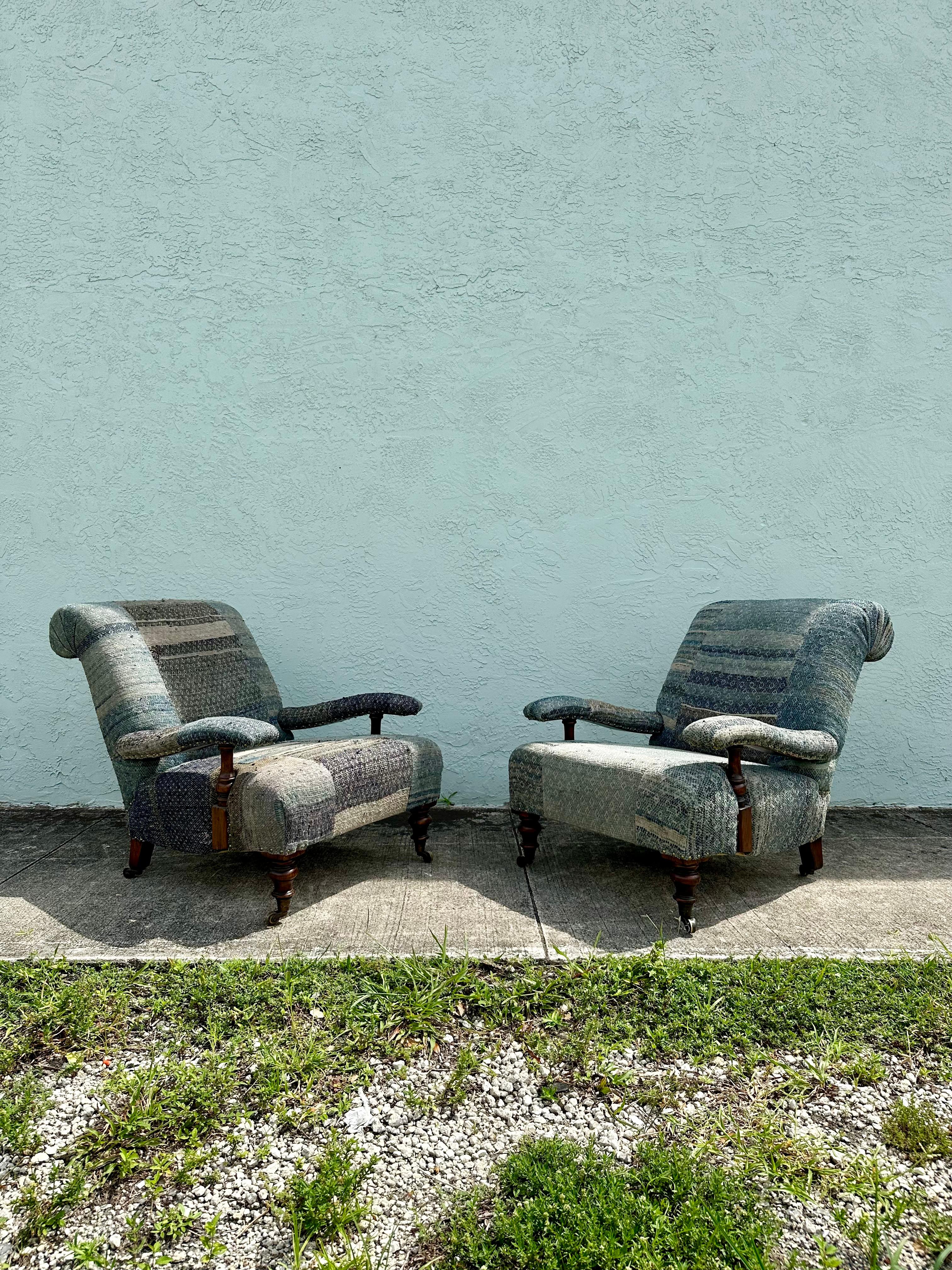 Ralph Lauren Castors Vintage Style Patchwork Indigo Blue Chairs, Set of 2 1