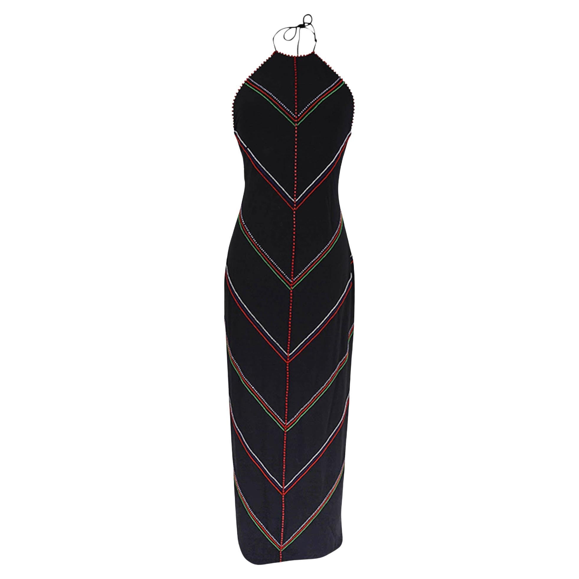 Ralph Lauren Vintage Halter Perlen Langes Schwarzes Kleid Purple Label im Angebot