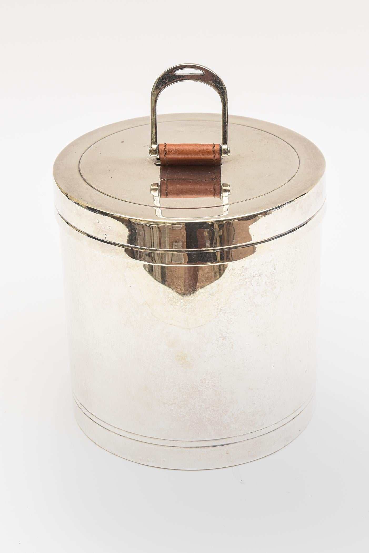 Ralph Lauren Vintage Silver Plate Ice Bucket Leather Pull Handle, Thongs Barware 2