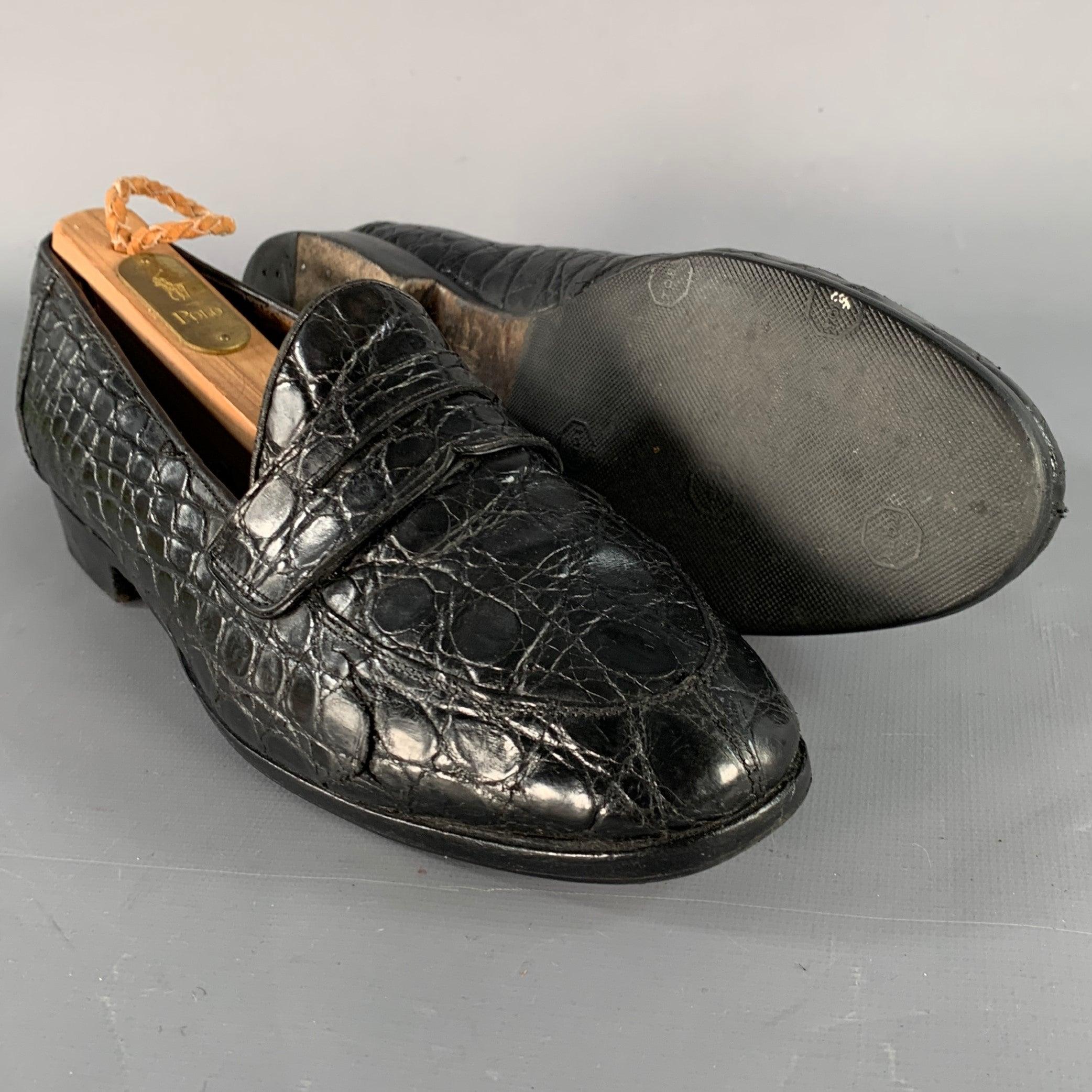 RALPH LAUREN Vintage Größe 6 Schwarz Alligator Leder Penny Loafers Flats im Angebot 1