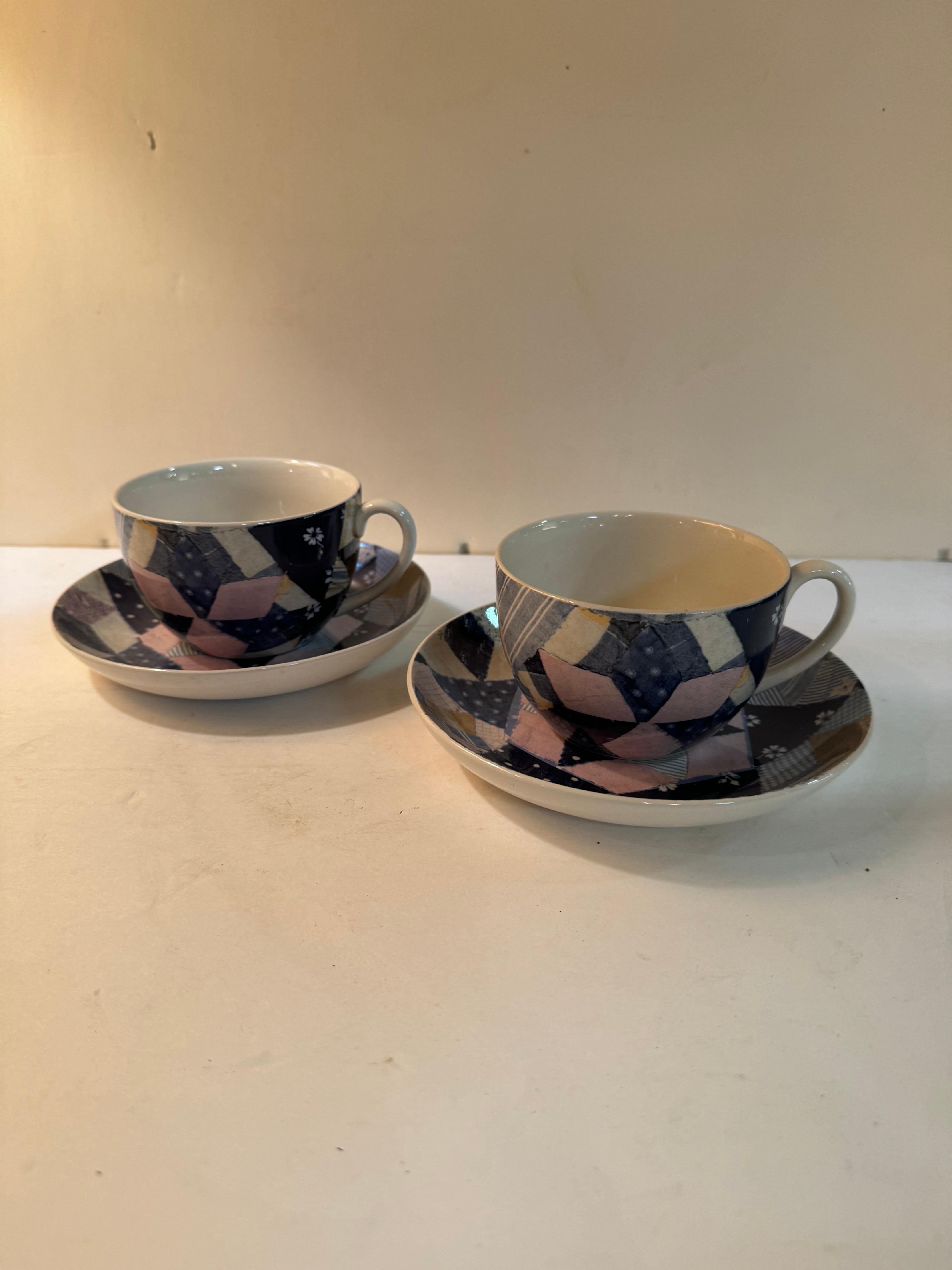 A four (4) piece  up and saucer set in the Patchwork pattern by Wedgwood for Ralph Lauren. Made in England, circa 1990.

This rare and out of production pattern features a blue/white/pink/multi-color pattern evocative of Americana antique