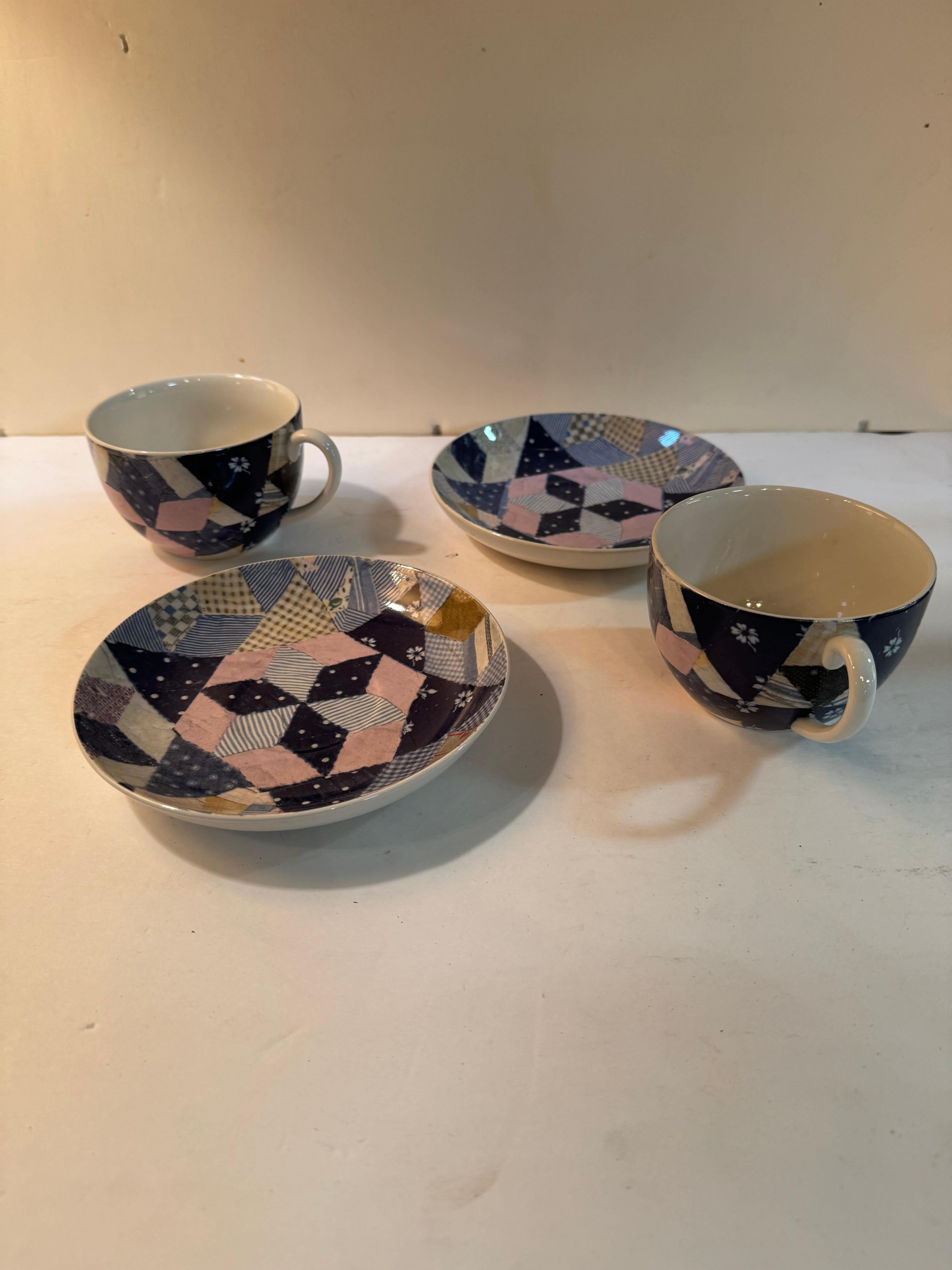 Country Ralph Lauren Wedgwood Patchwork Cup & Saucer set ~ 4 pieces For Sale