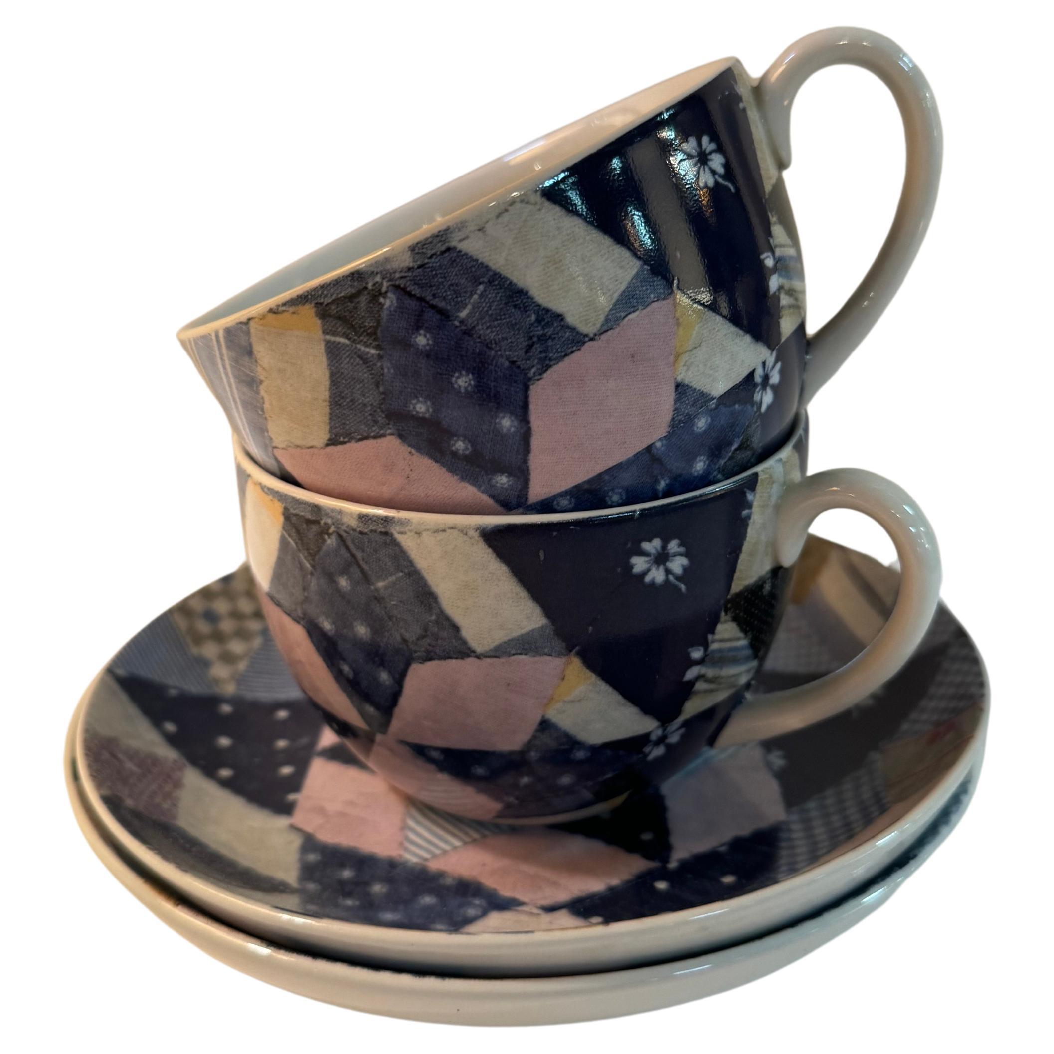 Ralph Lauren Wedgwood Set de tasses et soucoupes en patchwork ~ 4 pièces en vente