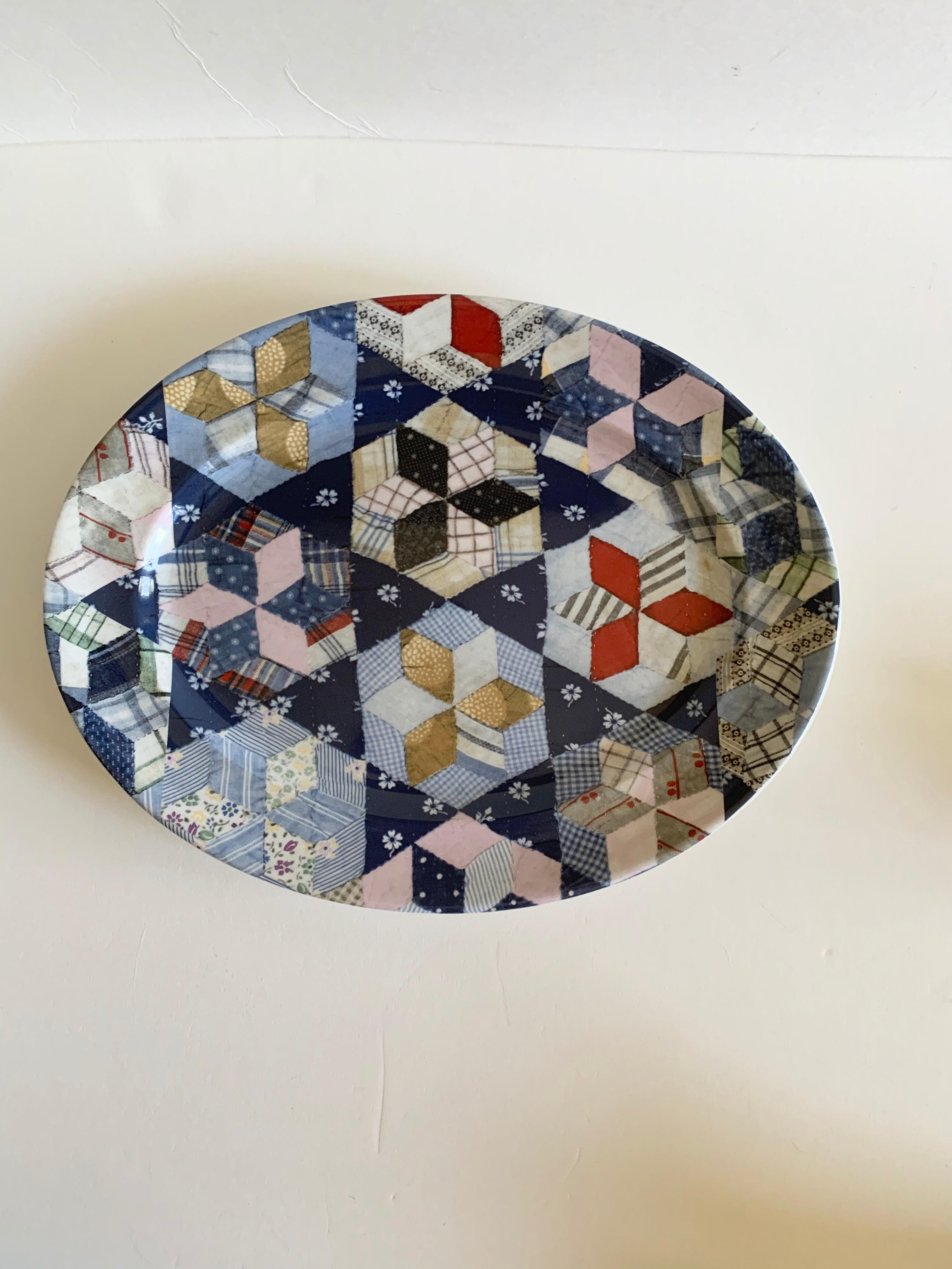 A six-piece serving set in the Patchwork pattern by Wedgwood for Ralph Lauren. Made in England, circa 1990.

This rare and out of production pattern features a blue/white/pink/multi-color pattern evocative of Americana antique quilts. Each piece is