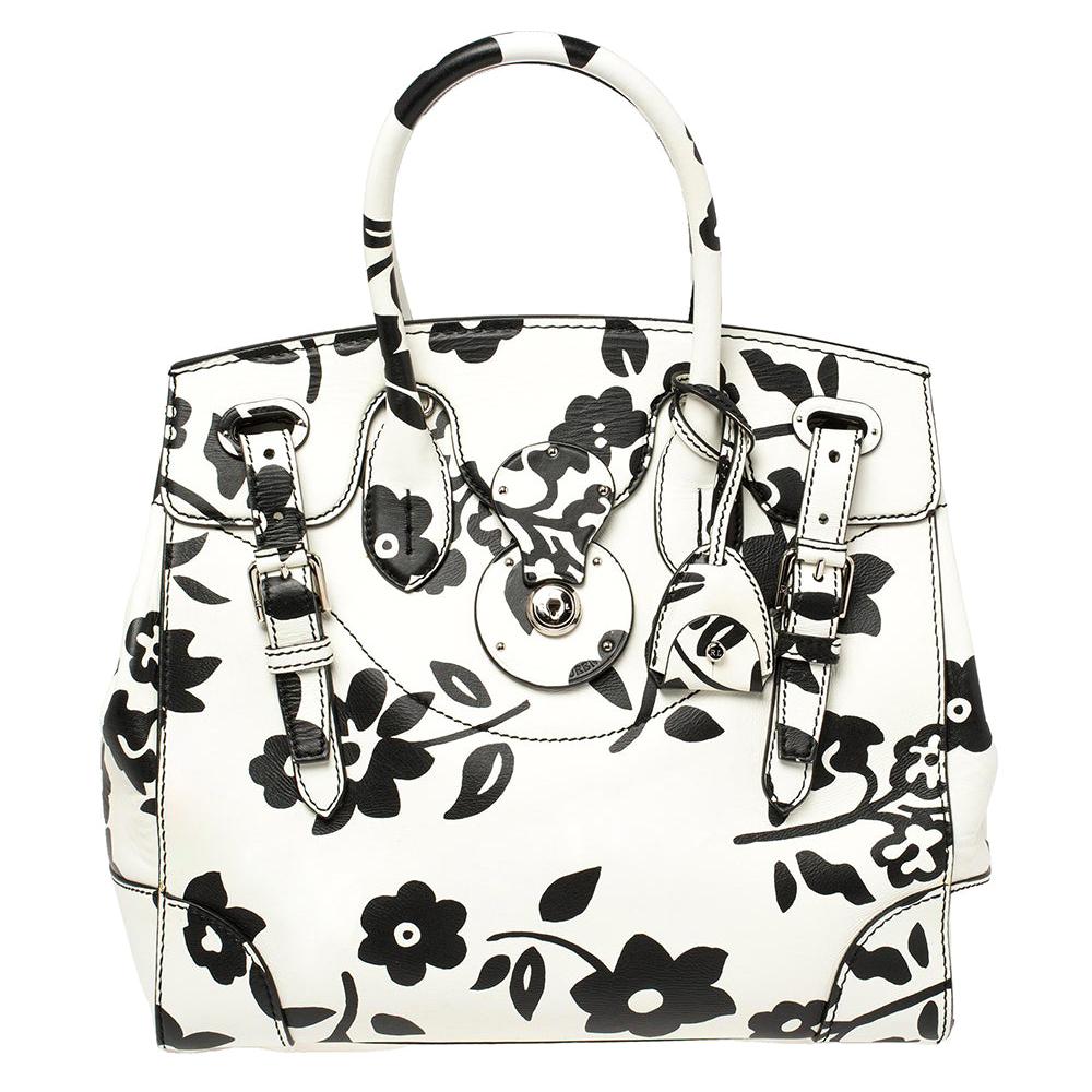Ralph Lauren White/Black Floral Print Soft Leather Ricky Tote