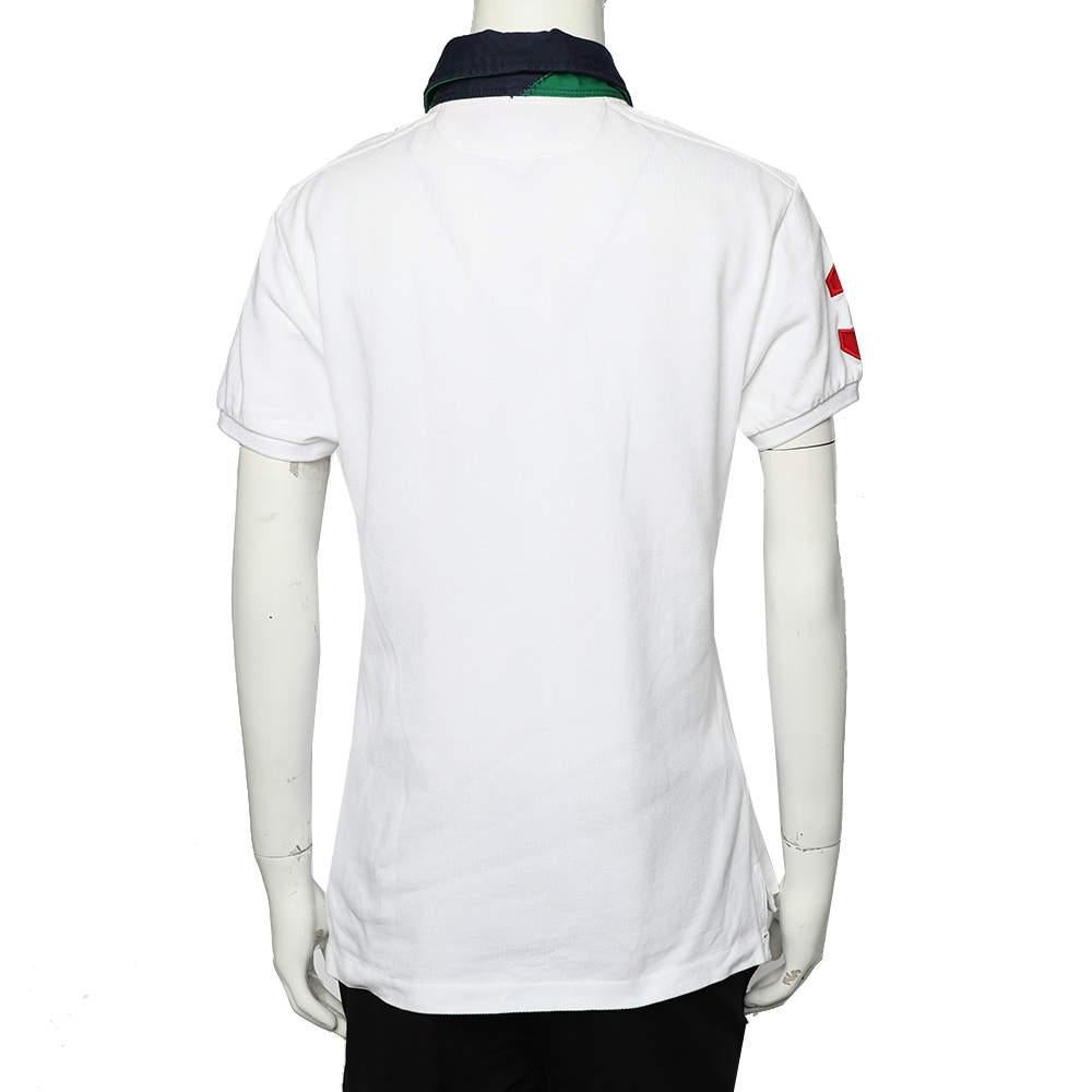 Gray Ralph Lauren White Cotton Pique Contrast Collar Detail Polo T-Shirt L