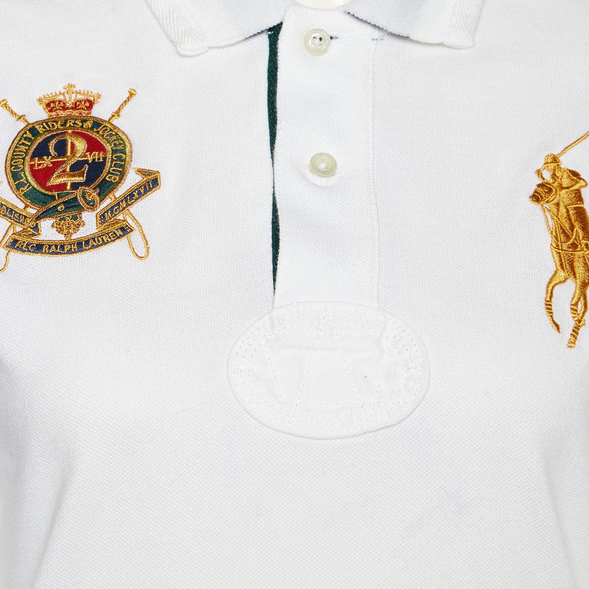 Gray Ralph Lauren White Embroidered Cotton Knit Long Sleeve Polo T-Shirt L For Sale