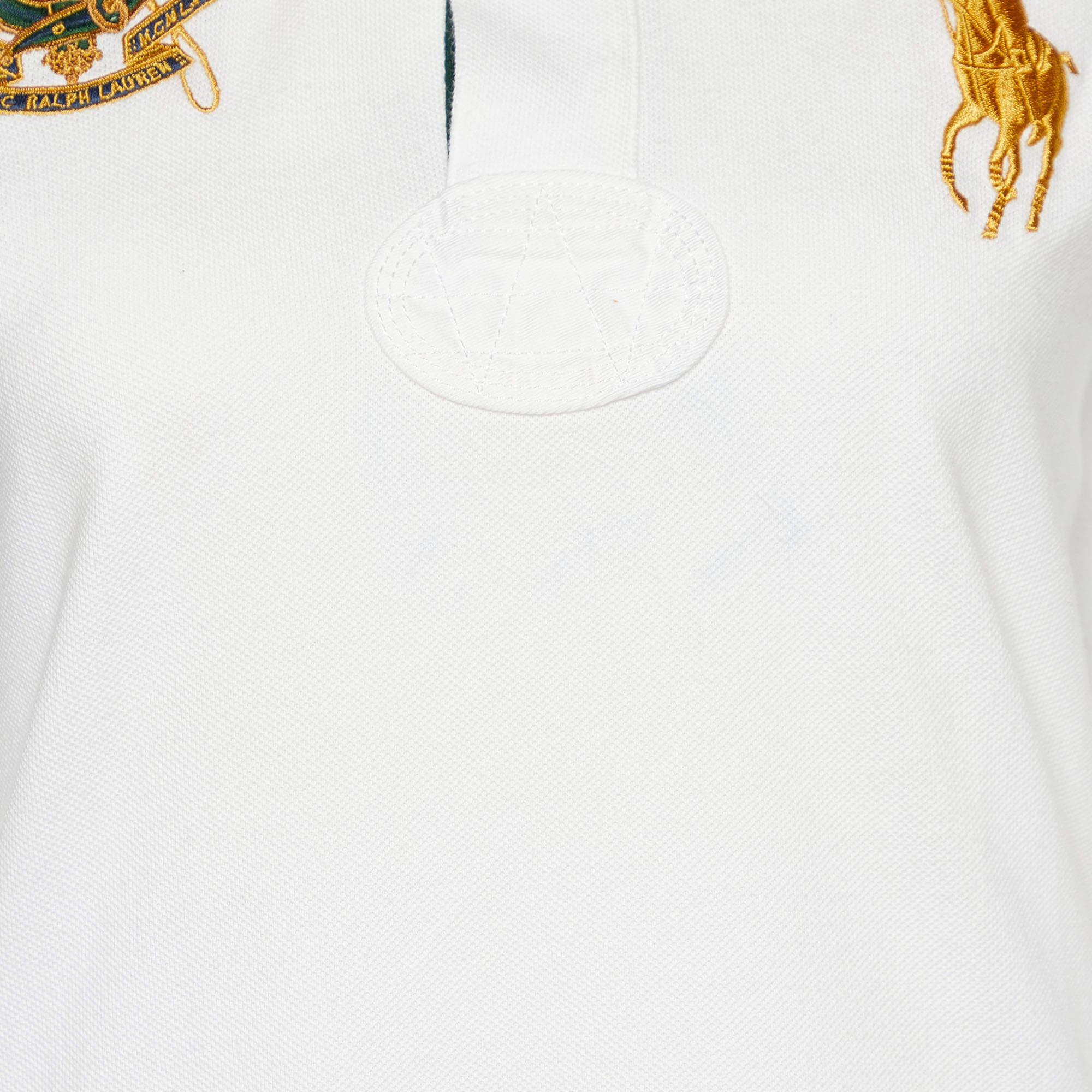 Ralph Lauren White Embroidered Cotton Knit Long Sleeve Polo T-Shirt L In Good Condition For Sale In Dubai, Al Qouz 2