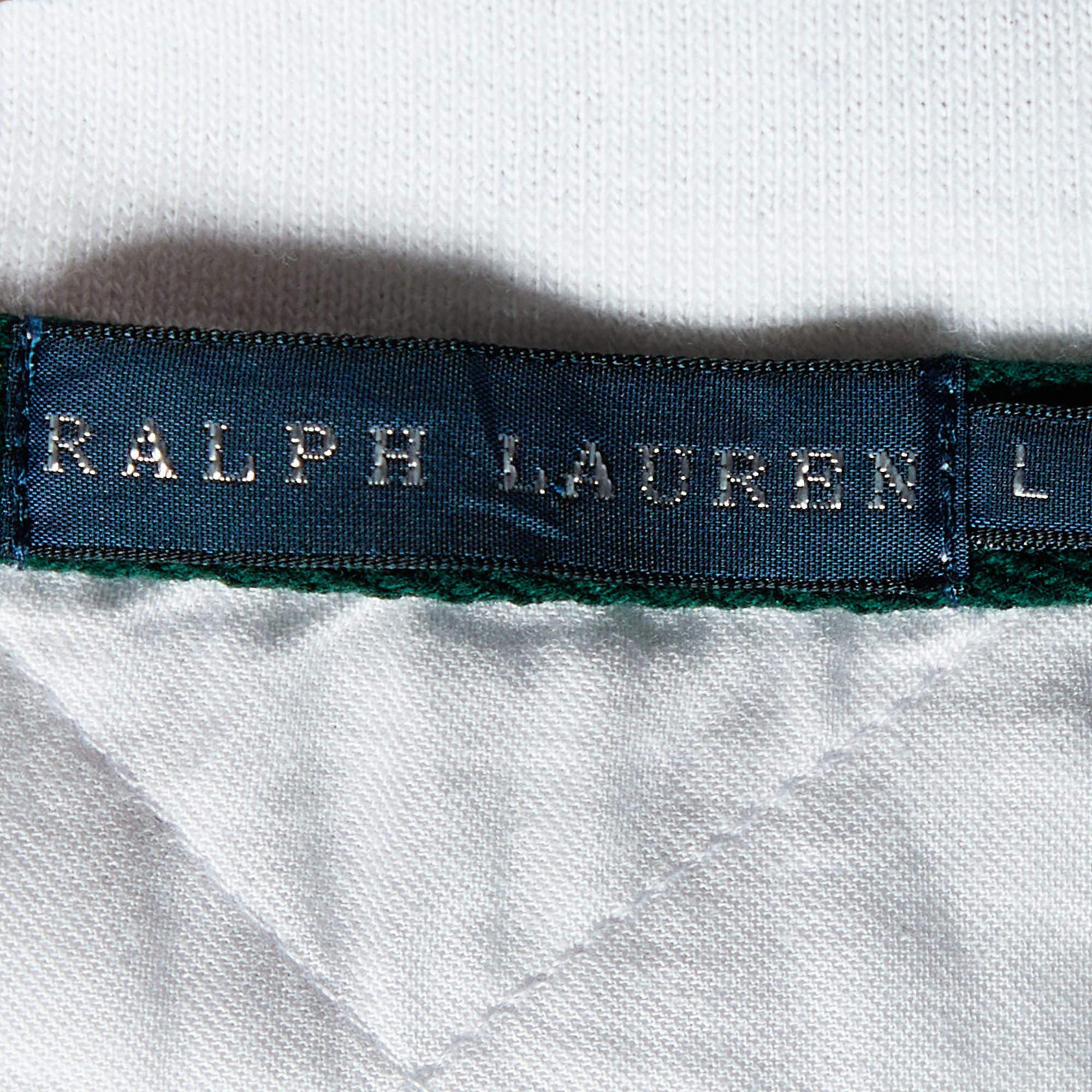 Ralph Lauren White Embroidered Cotton Knit Long Sleeve Polo T-Shirt L For Sale 2