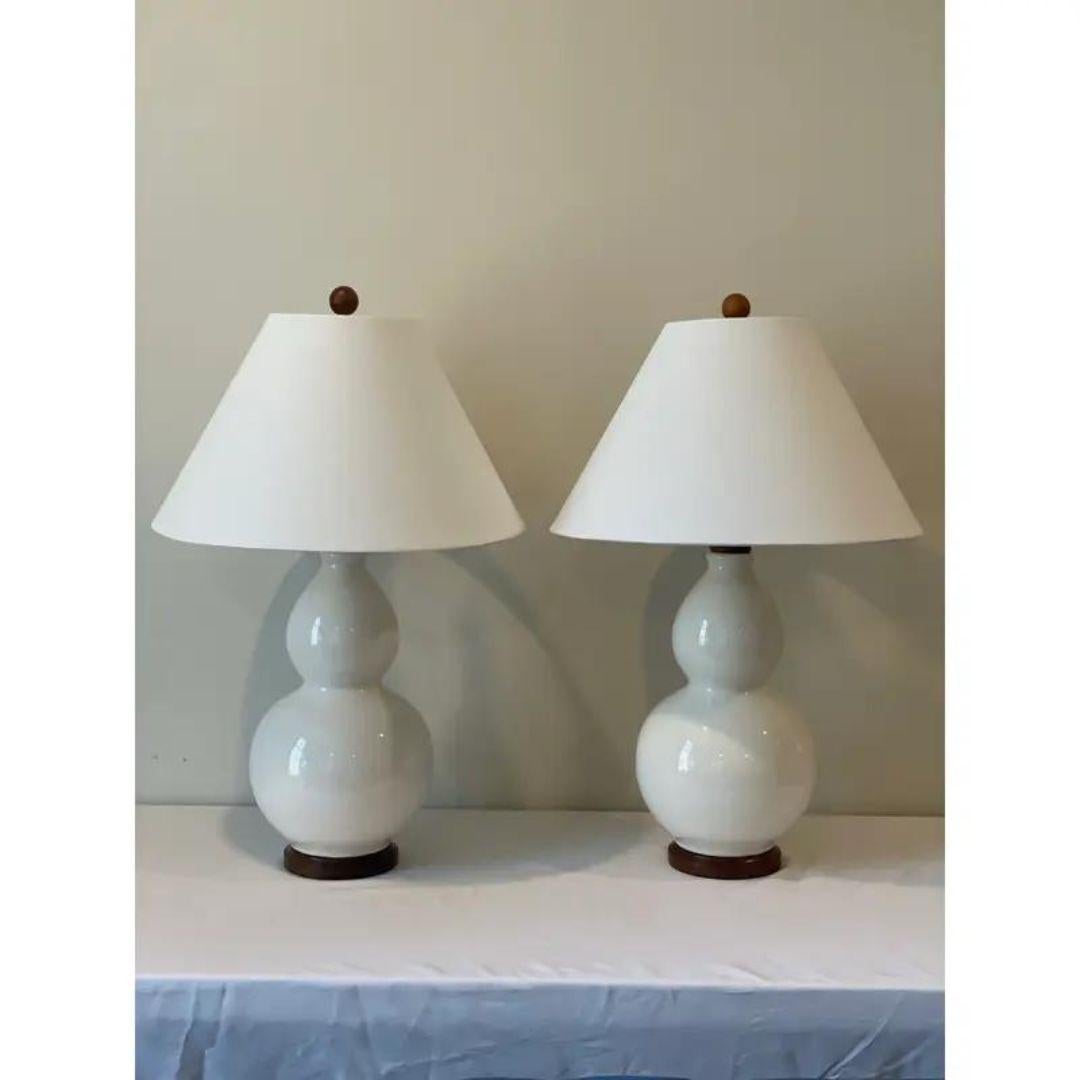 American Ralph Lauren White Glazed Ceramic Crackle Double Gourd Ginger Jar Lamps - a Pair