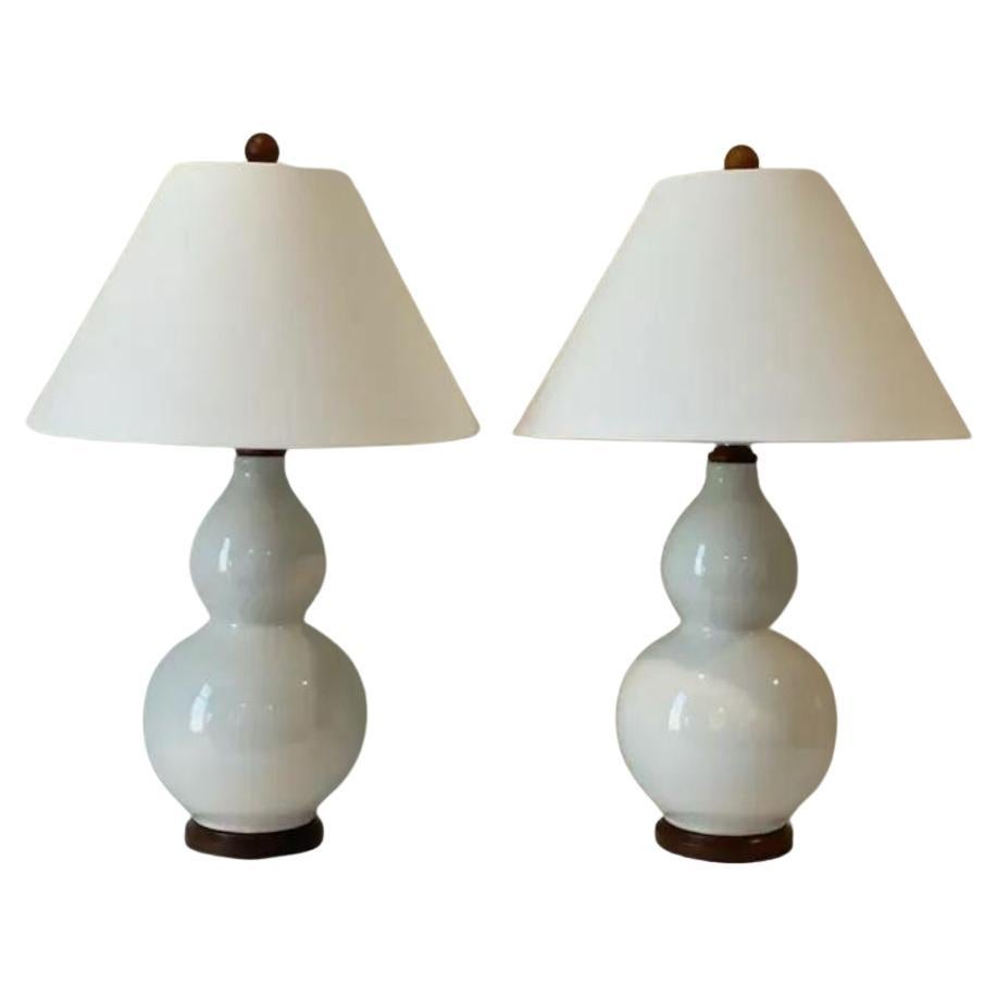 Ralph Lauren White Glazed Ceramic Crackle Double Gourd Ginger Jar Lamps - a Pair