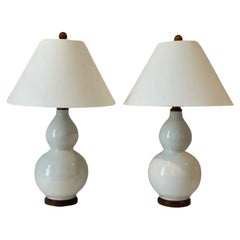 Retro Ralph Lauren White Glazed Ceramic Crackle Double Gourd Ginger Jar Lamps - a Pair