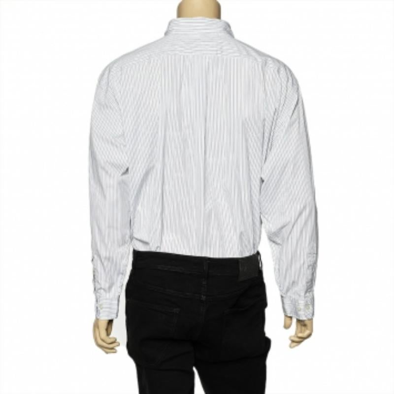 Grigio Ralph Lauren - Camicia in cotone a righe bianche con bottoni sul davanti 3XB in vendita