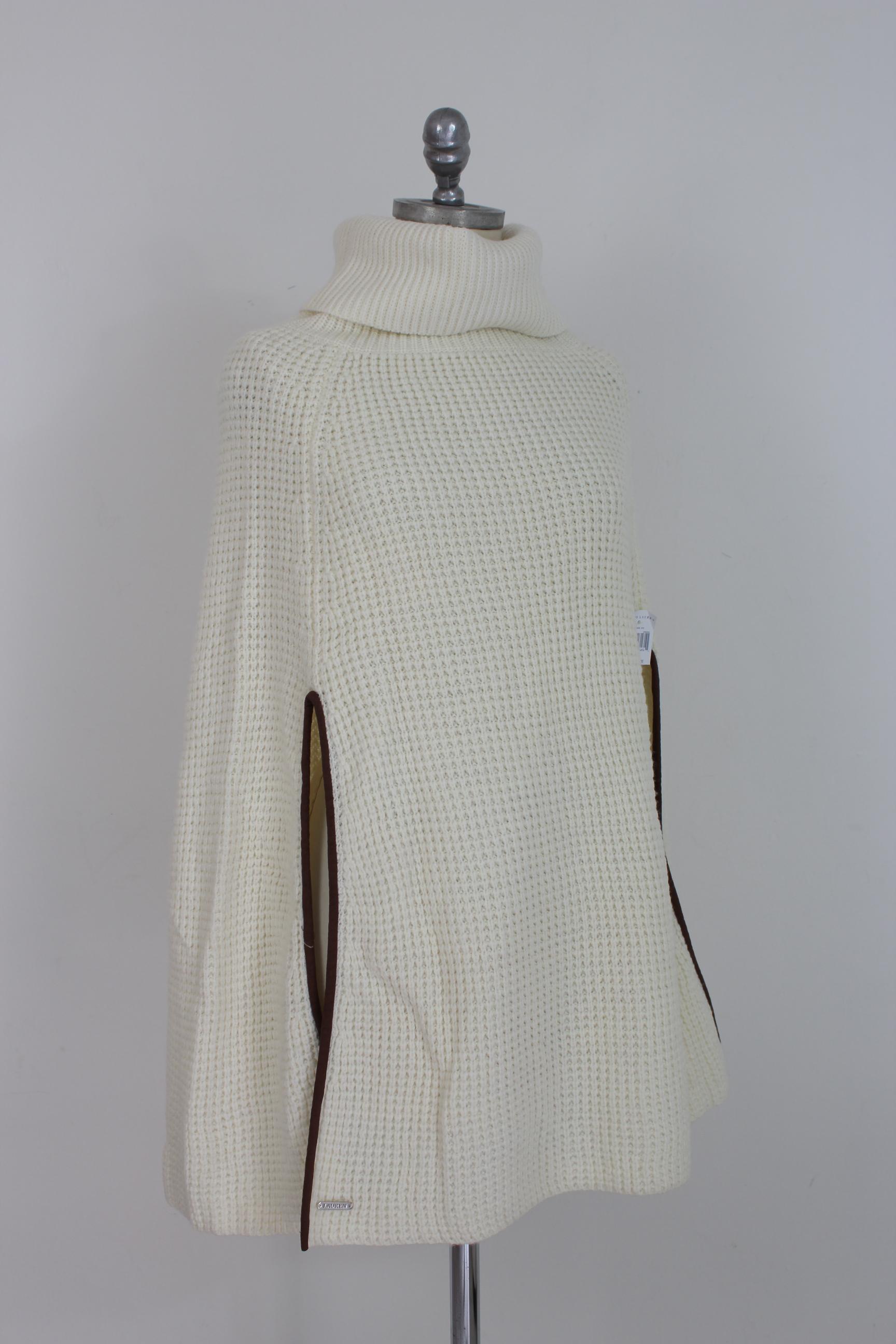 Gray Ralph Lauren White Wool High Collar Sweater Cape Poncho 