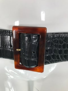 Ralph Lauren Wide Contour Black Alligator Belt With Amber Lucite Buckle