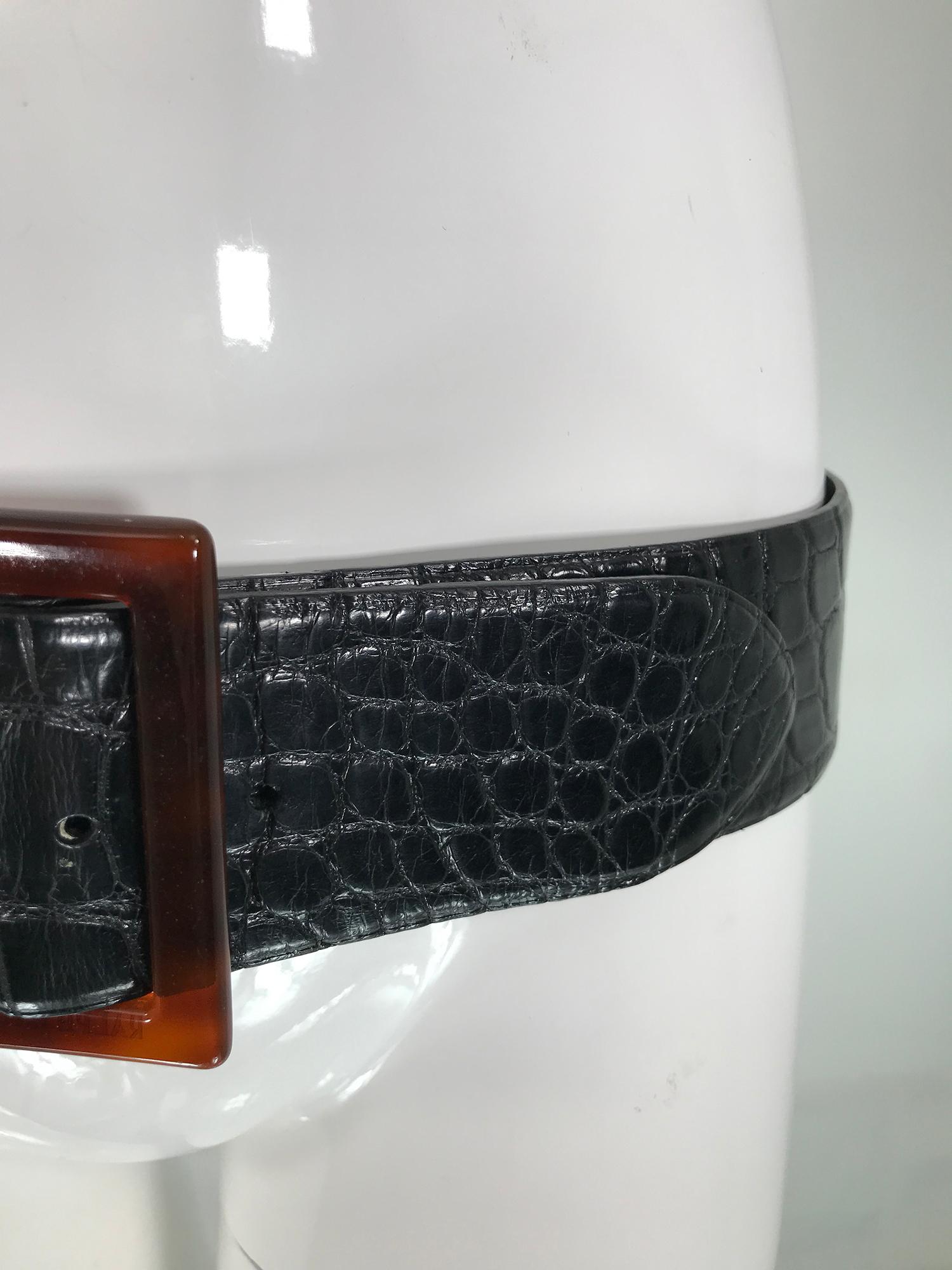 Ralph Lauren Wide Contour Black Alligator Belt With Amber Lucite Buckle In Good Condition In West Palm Beach, FL