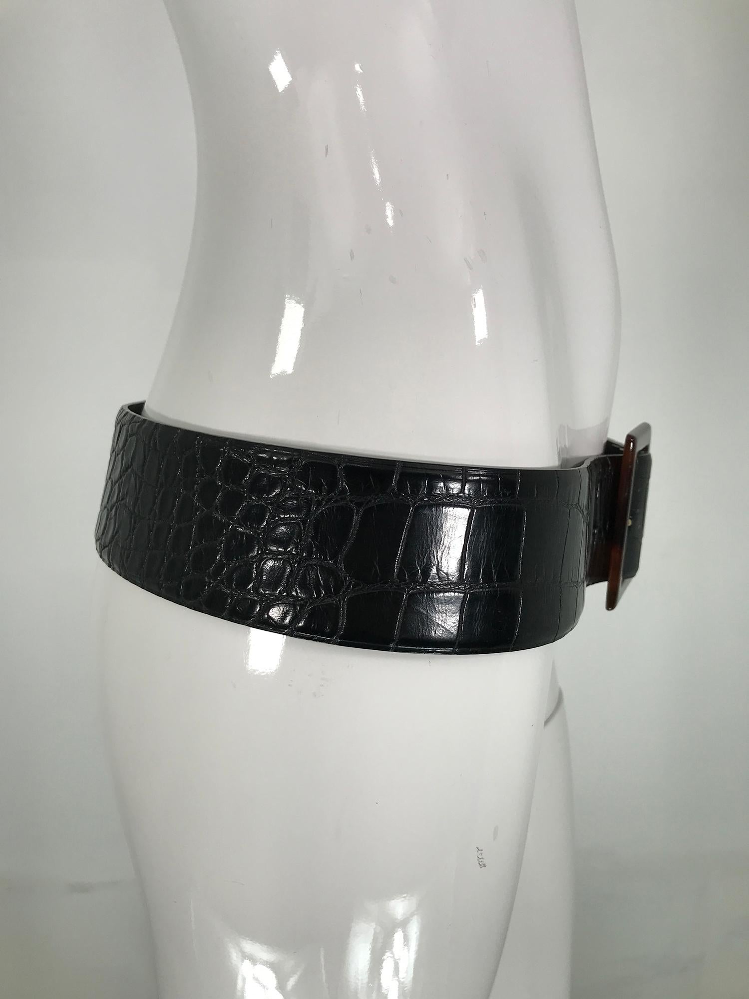 Women's Ralph Lauren Wide Contour Black Alligator Belt With Amber Lucite Buckle