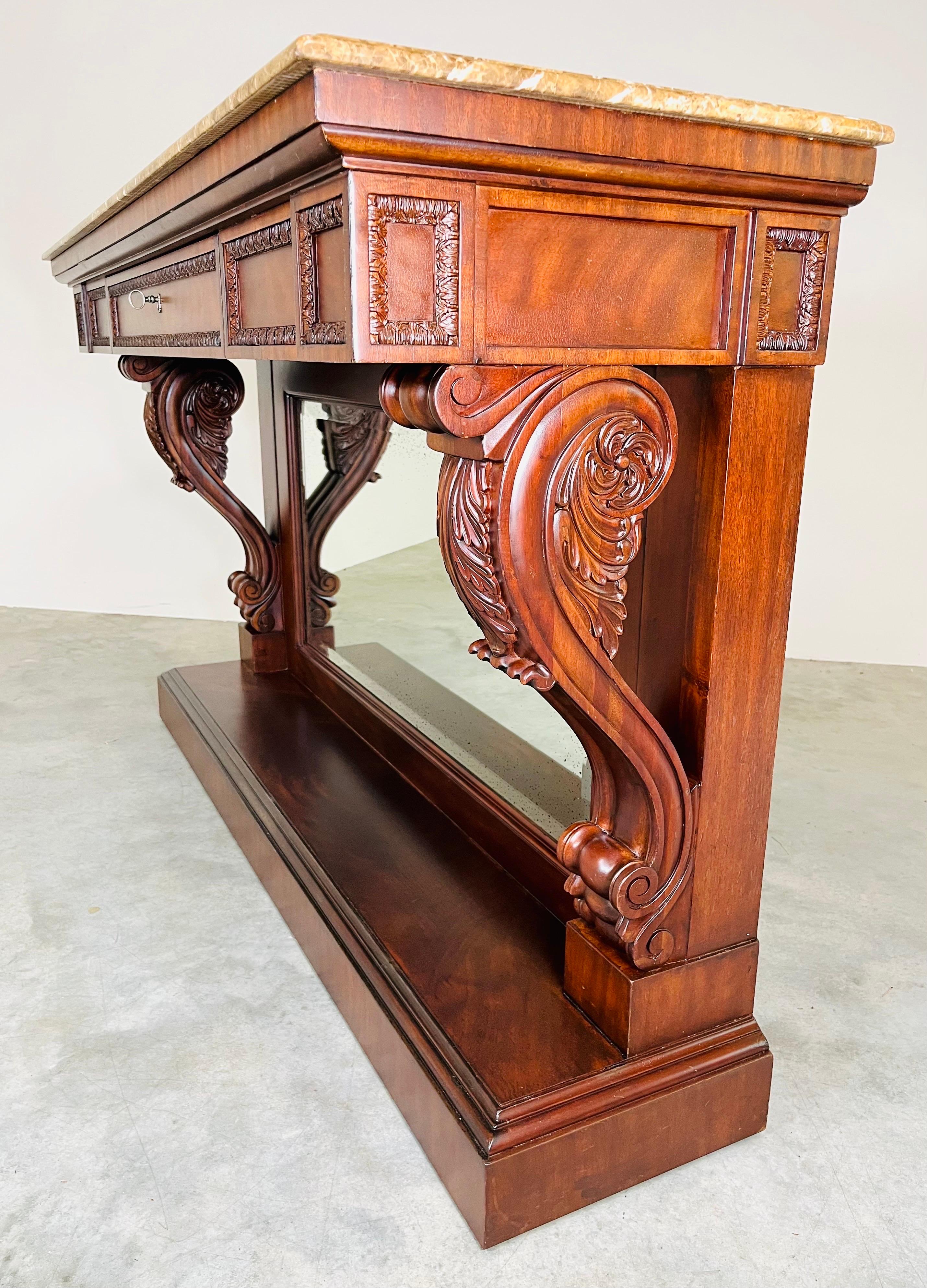Ralph Lauren William IV Style Carved Mahogany Mirrored Marble Top Console Table In Excellent Condition In Southampton, NJ