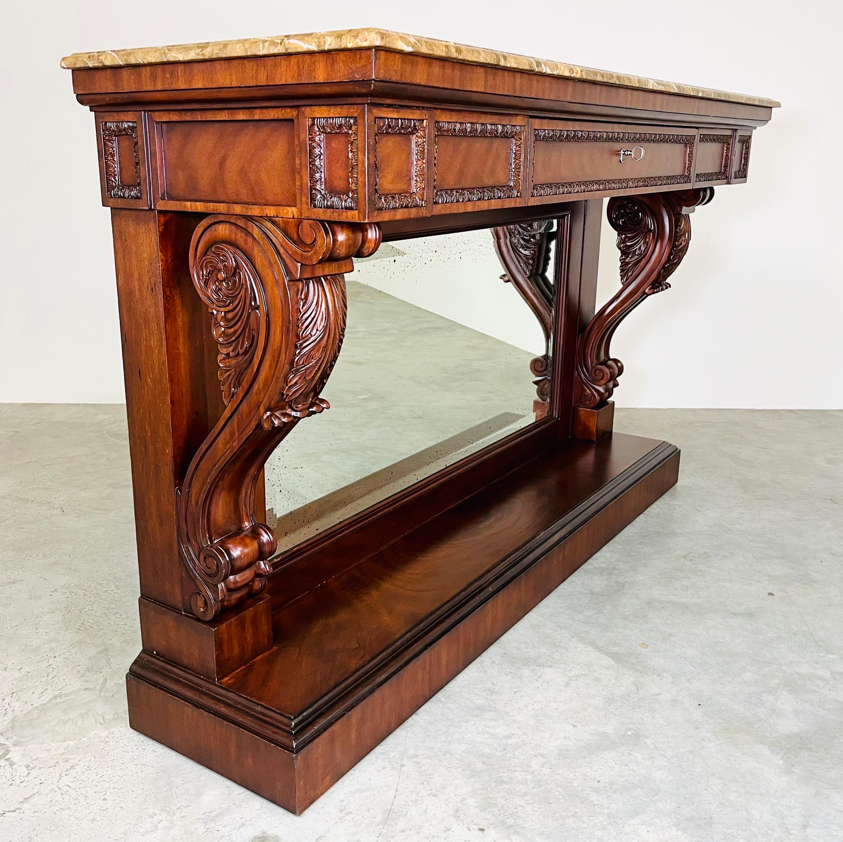 20th Century Ralph Lauren William IV Style Carved Mahogany Mirrored Marble Top Console Table