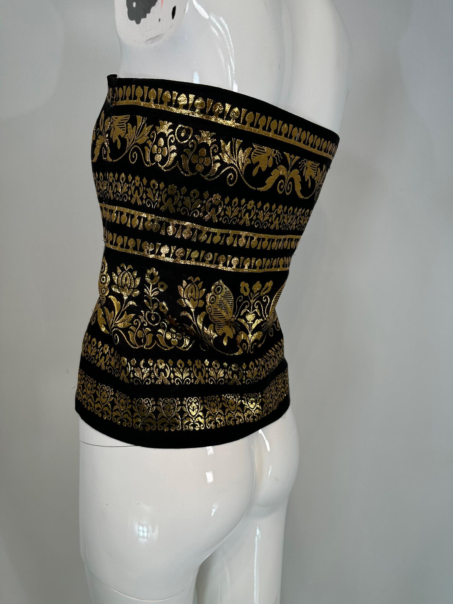 Ralph Lauren Woven Black & Gold Silk Blend Woven Design Strapless Peplum Top 12 For Sale 6