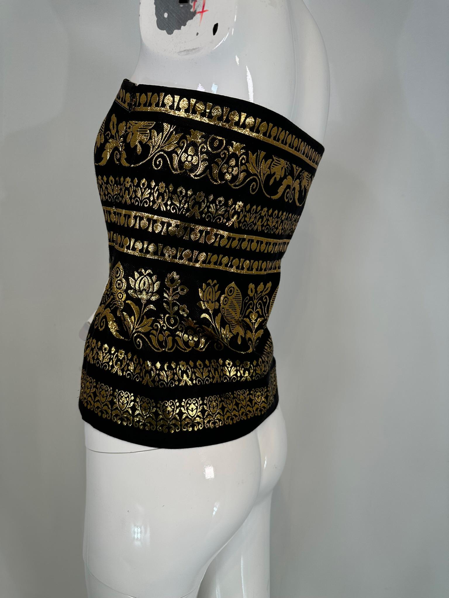 Ralph Lauren Woven Black & Gold Silk Blend Woven Design Strapless Peplum Top 12 For Sale 7
