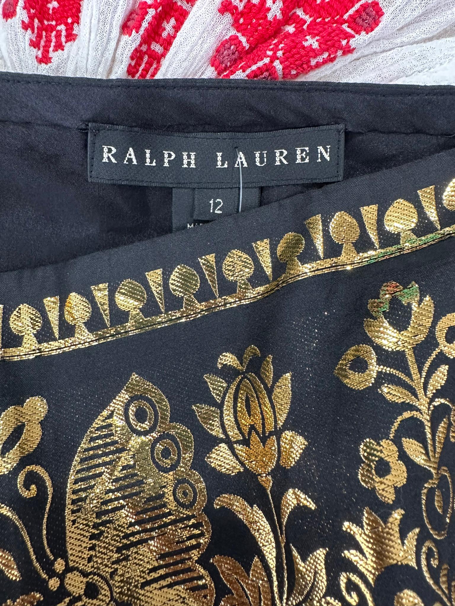 Ralph Lauren Woven Black & Gold Silk Blend Woven Design Strapless Peplum Top 12 For Sale 8