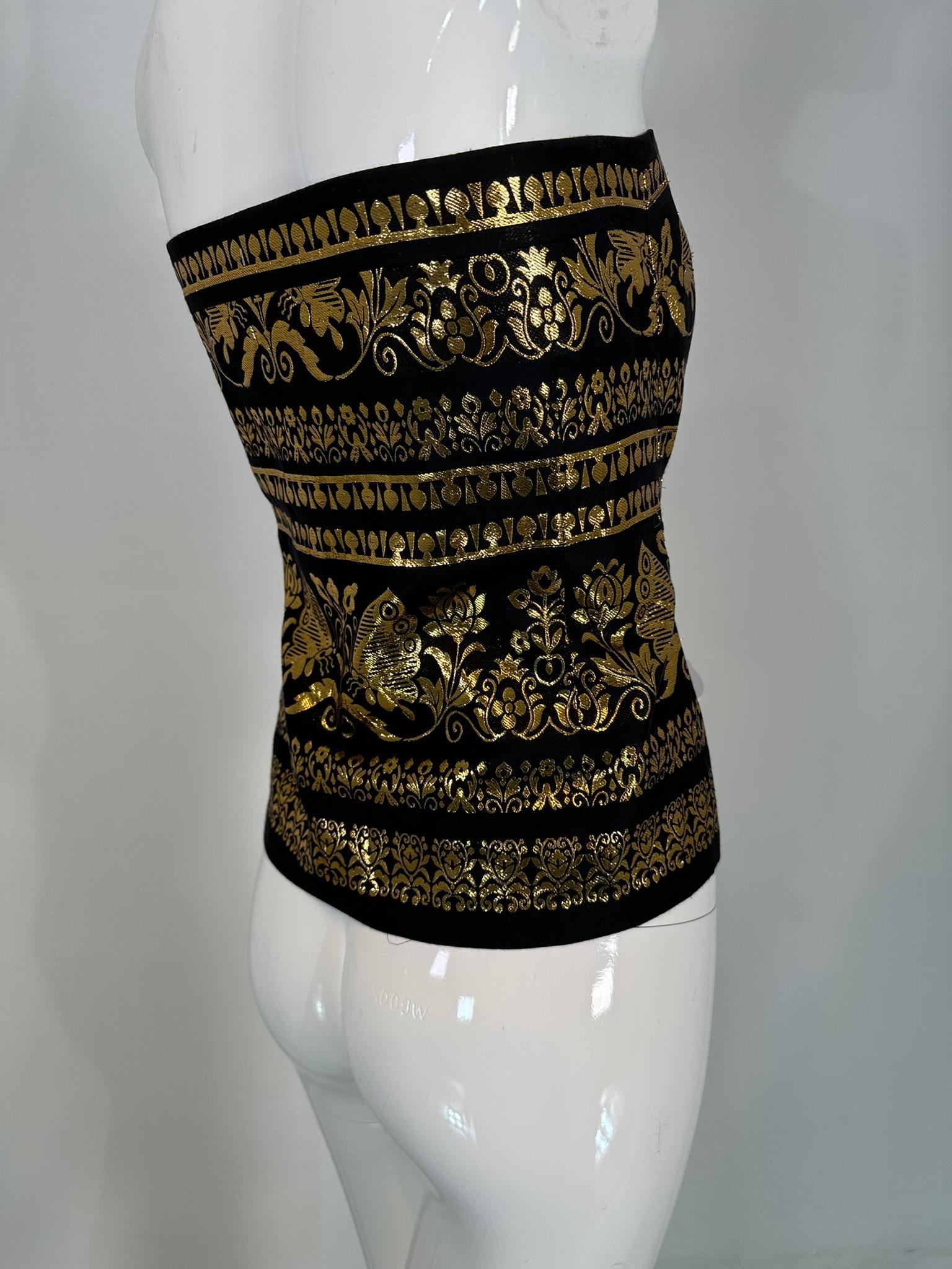 Women's Ralph Lauren Woven Black & Gold Silk Blend Woven Design Strapless Peplum Top 12 For Sale