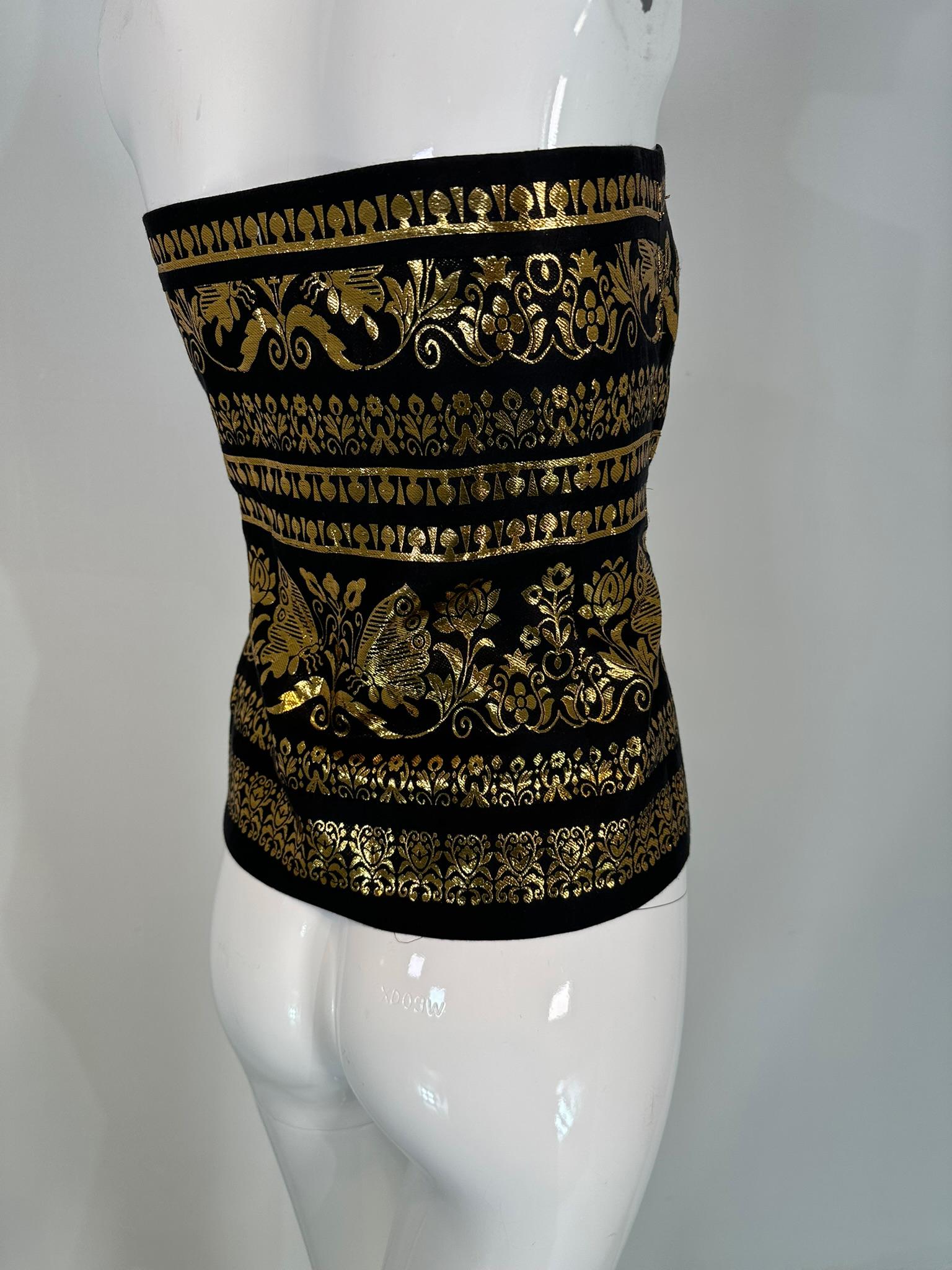 Ralph Lauren Woven Black & Gold Silk Blend Woven Design Strapless Peplum Top 12 For Sale 1