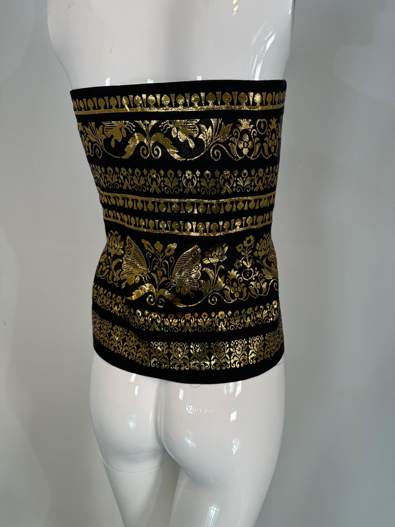 Ralph Lauren Woven Black & Gold Silk Blend Woven Design Strapless Peplum Top 12 For Sale 2