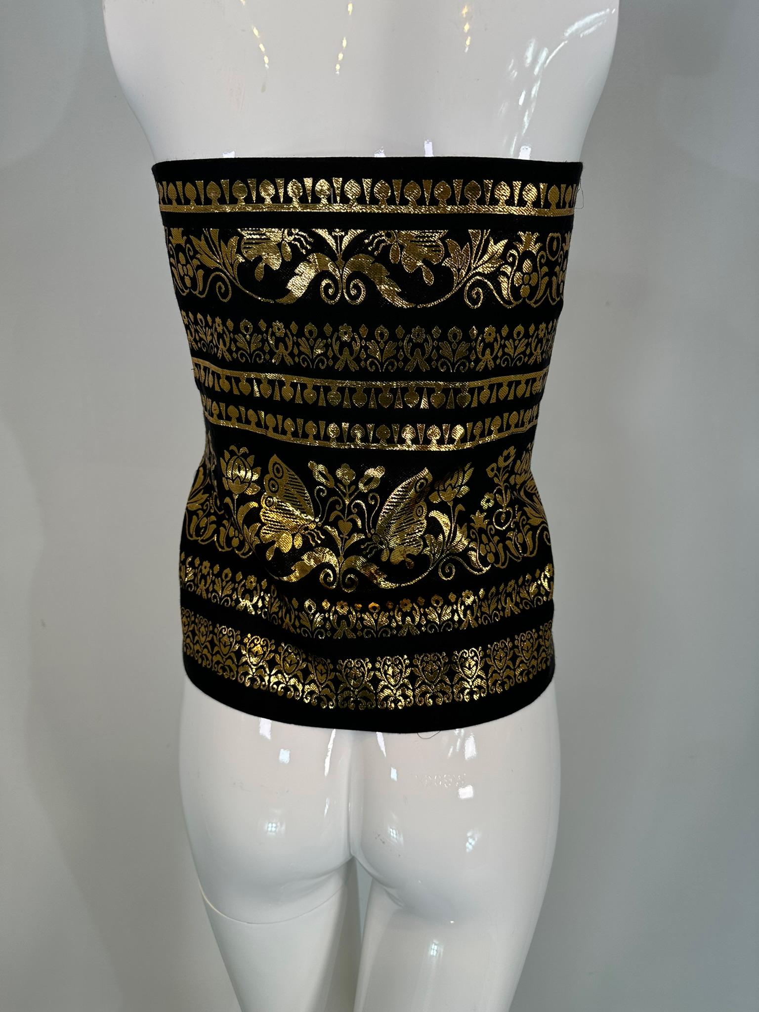 Ralph Lauren Woven Black & Gold Silk Blend Woven Design Strapless Peplum Top 12 For Sale 3