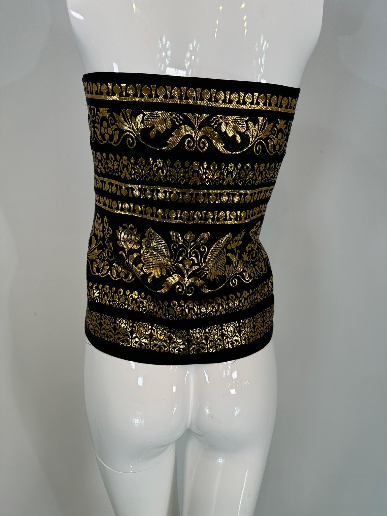 Ralph Lauren Woven Black & Gold Silk Blend Woven Design Strapless Peplum Top 12 For Sale 4