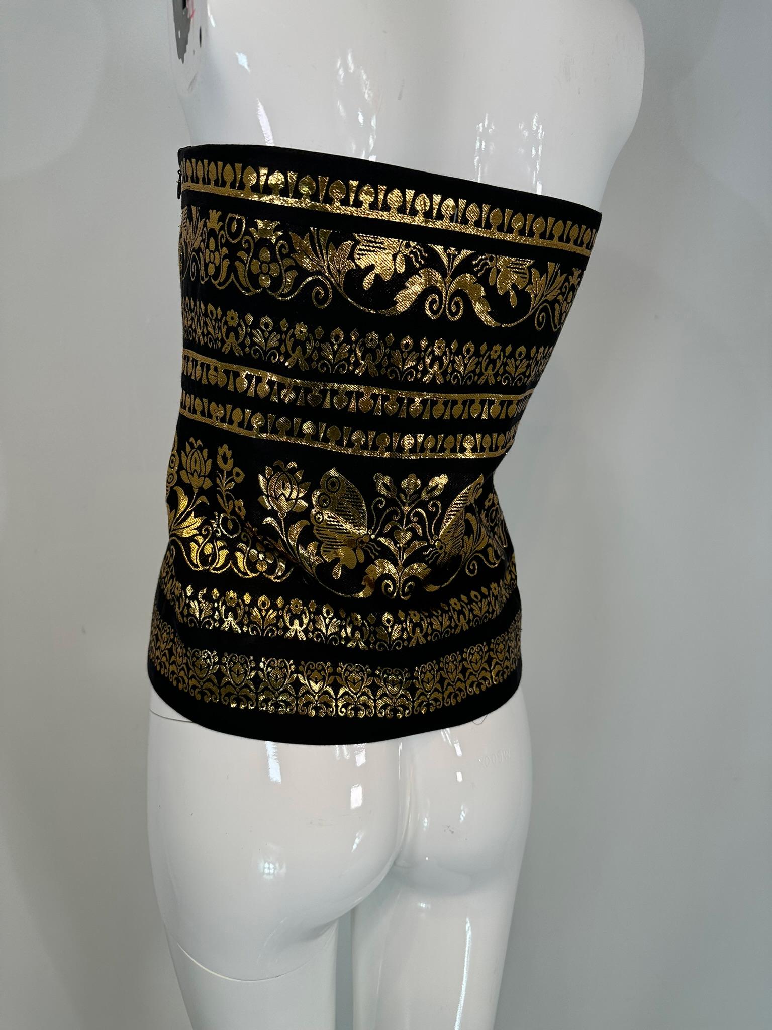 Ralph Lauren Woven Black & Gold Silk Blend Woven Design Strapless Peplum Top 12 For Sale 5