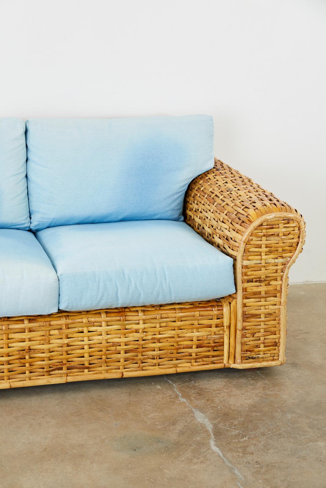 Organic Modern Ralph Lauren Woven Rattan Settee with Blue Ombre Upholstery
