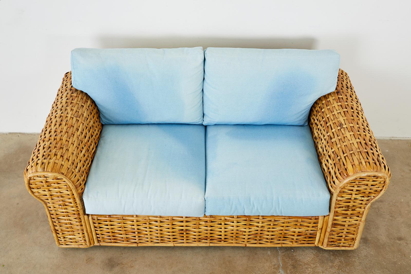 American Ralph Lauren Woven Rattan Settee with Blue Ombre Upholstery