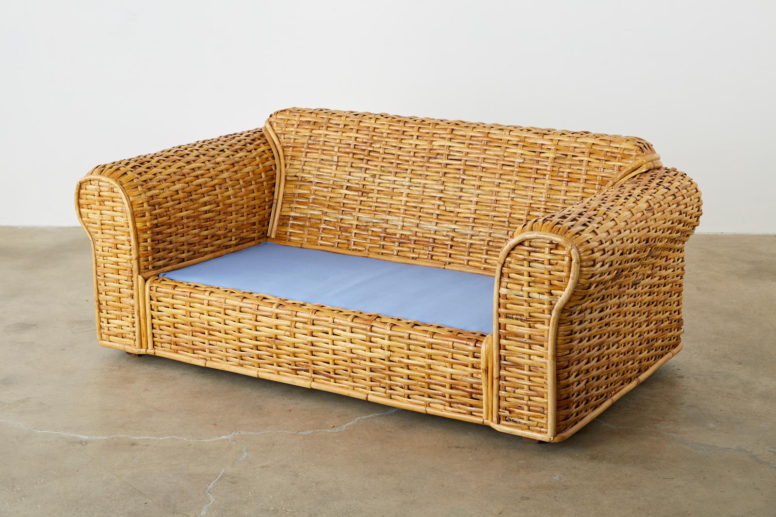 Hand-Crafted Ralph Lauren Woven Rattan Settee with Blue Ombre Upholstery