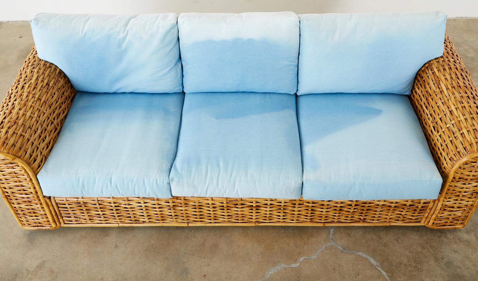 Ralph Lauren Woven Rattan Sofa with Blue Ombre Upholstery 5