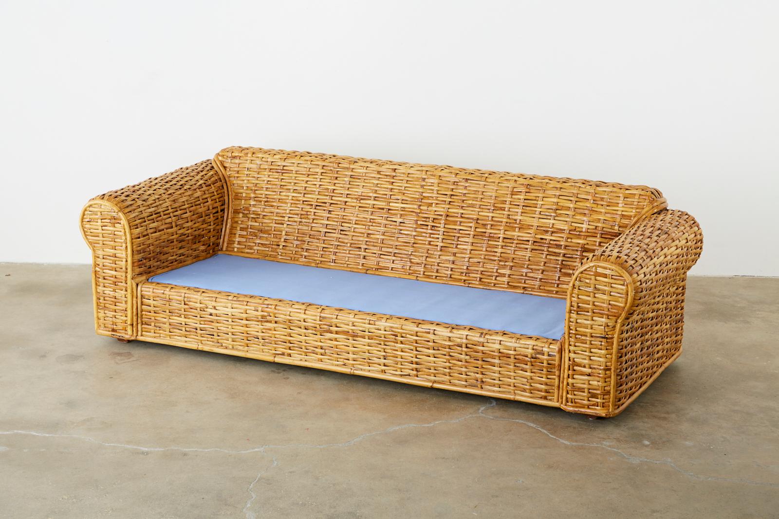 Organic Modern Ralph Lauren Woven Rattan Sofa with Blue Ombre Upholstery