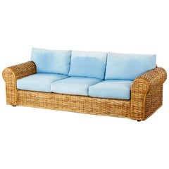 Vintage Ralph Lauren Woven Rattan Sofa with Blue Ombre Upholstery