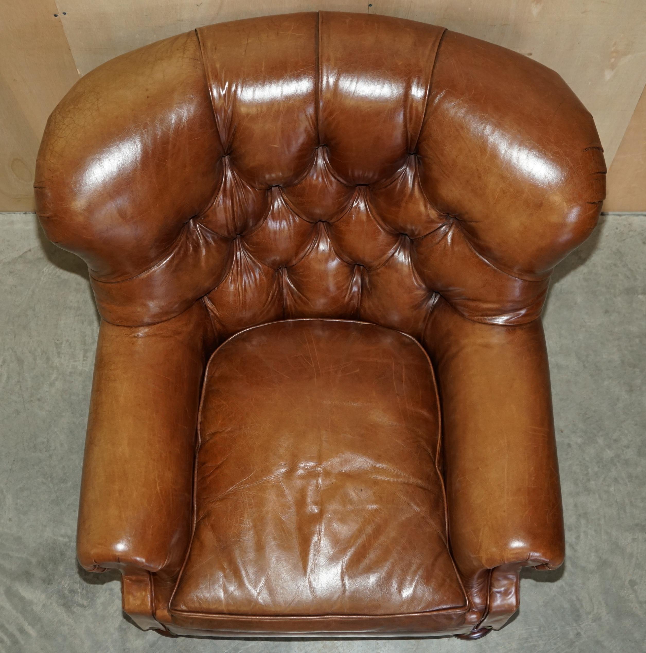 Ralph Lauren Writer's Aged Brown Leather Armchair and Footstool Ottoman For Sale 1