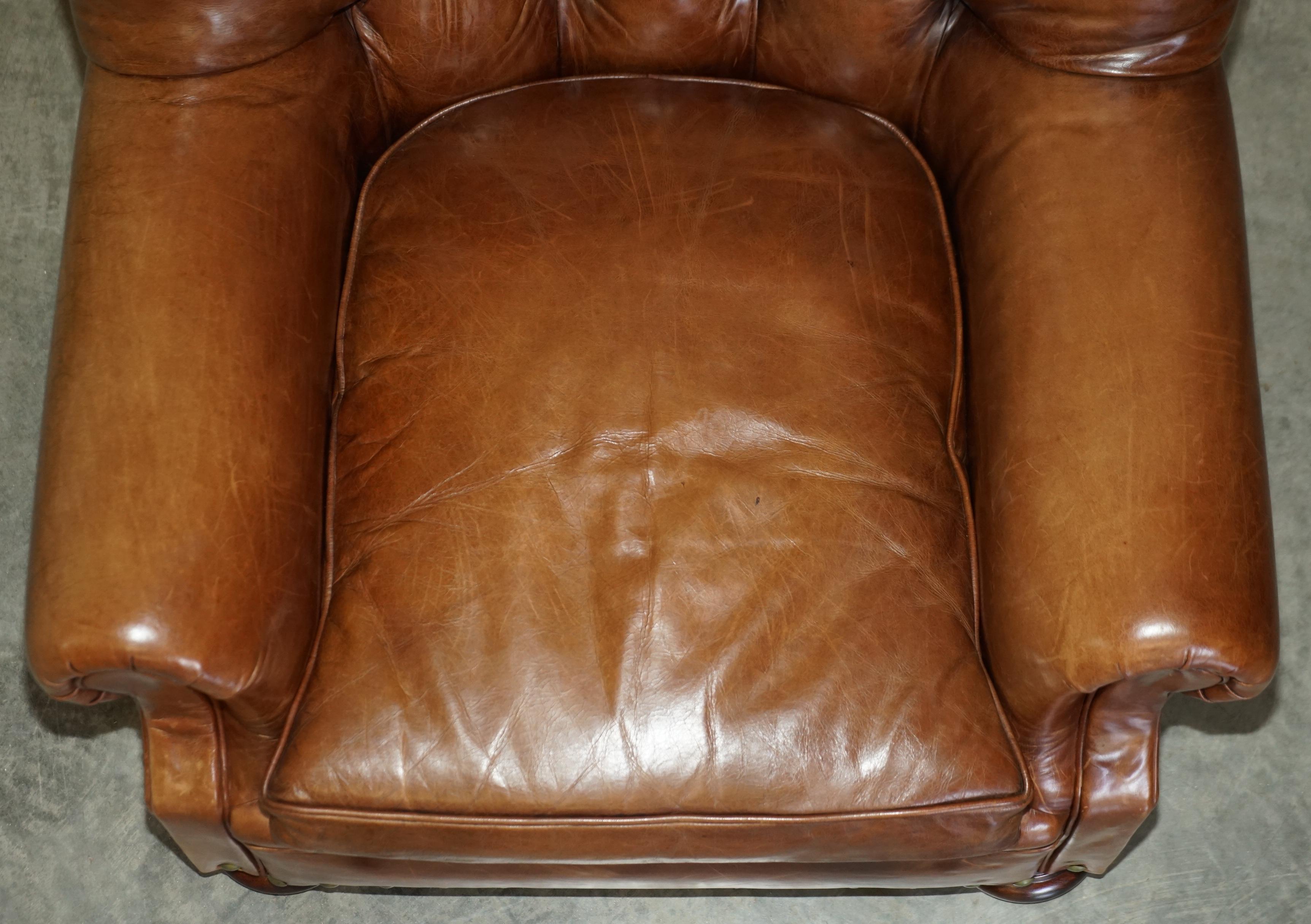 Ralph Lauren Writer's Aged Brown Leather Armchair and Footstool Ottoman For Sale 2
