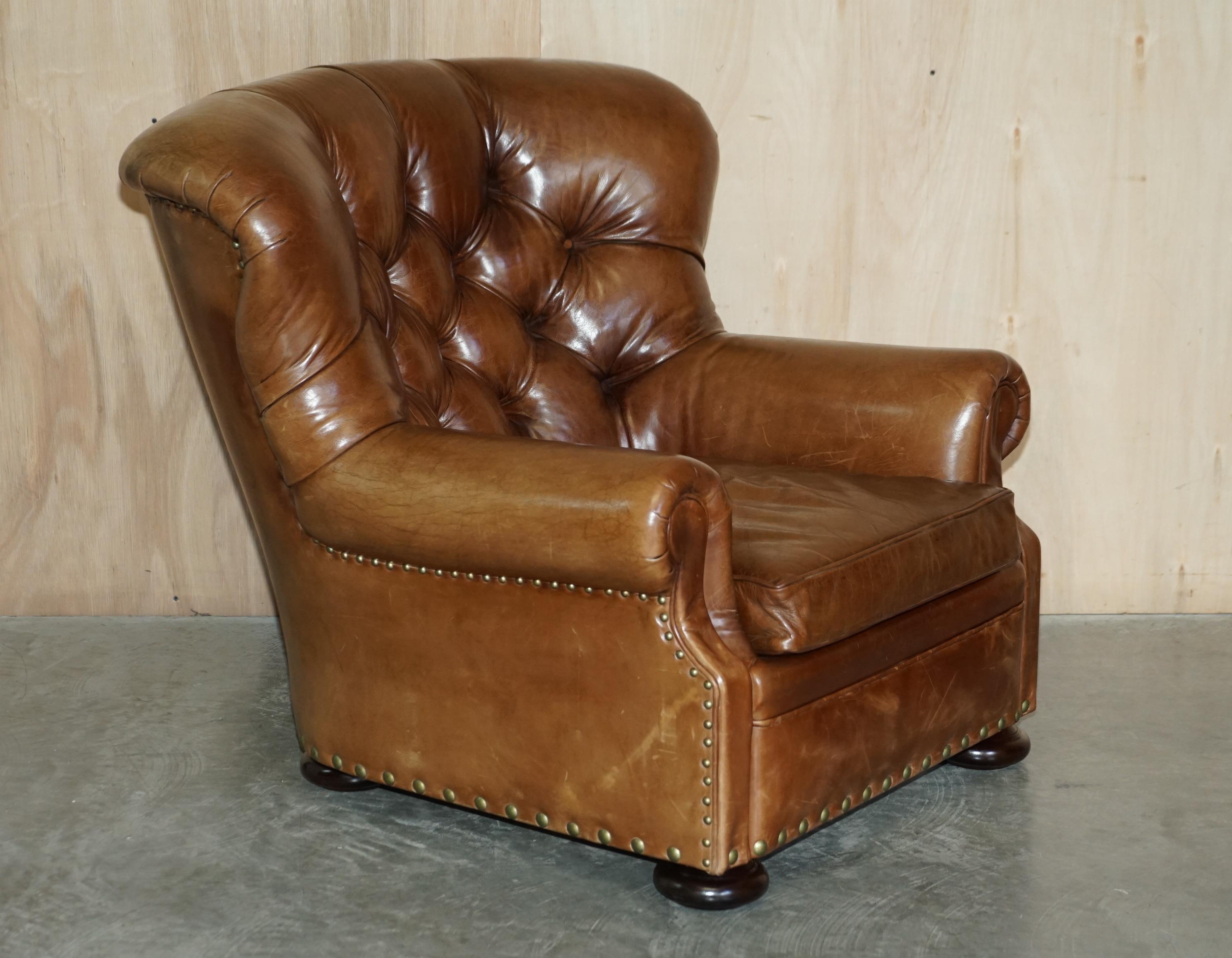 We are delighted to offer for sale this stunning original Ralph Lauren Writers armchair and matching ottoman RRP £15,745 in aged brown vintage leather armchair.

A fantastic iconic armchair, the original has graced many a front page in its time, it