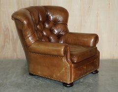 Ralph Lauren Writer's Aged Brown Leather Armchair and Footstool Ottoman