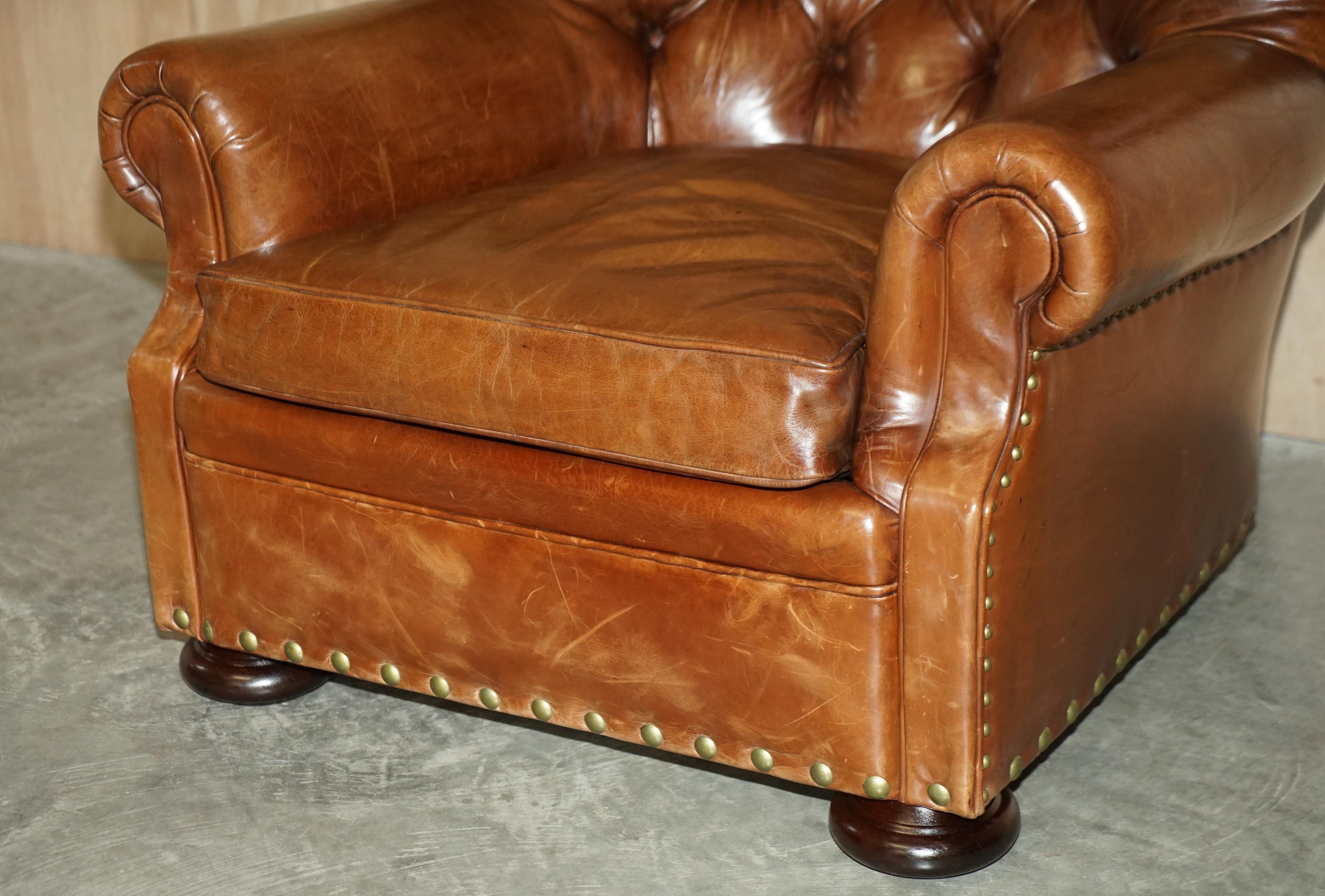 Modern Ralph Lauren Writer's Aged Brown Leather Armchair and Footstool Ottoman For Sale