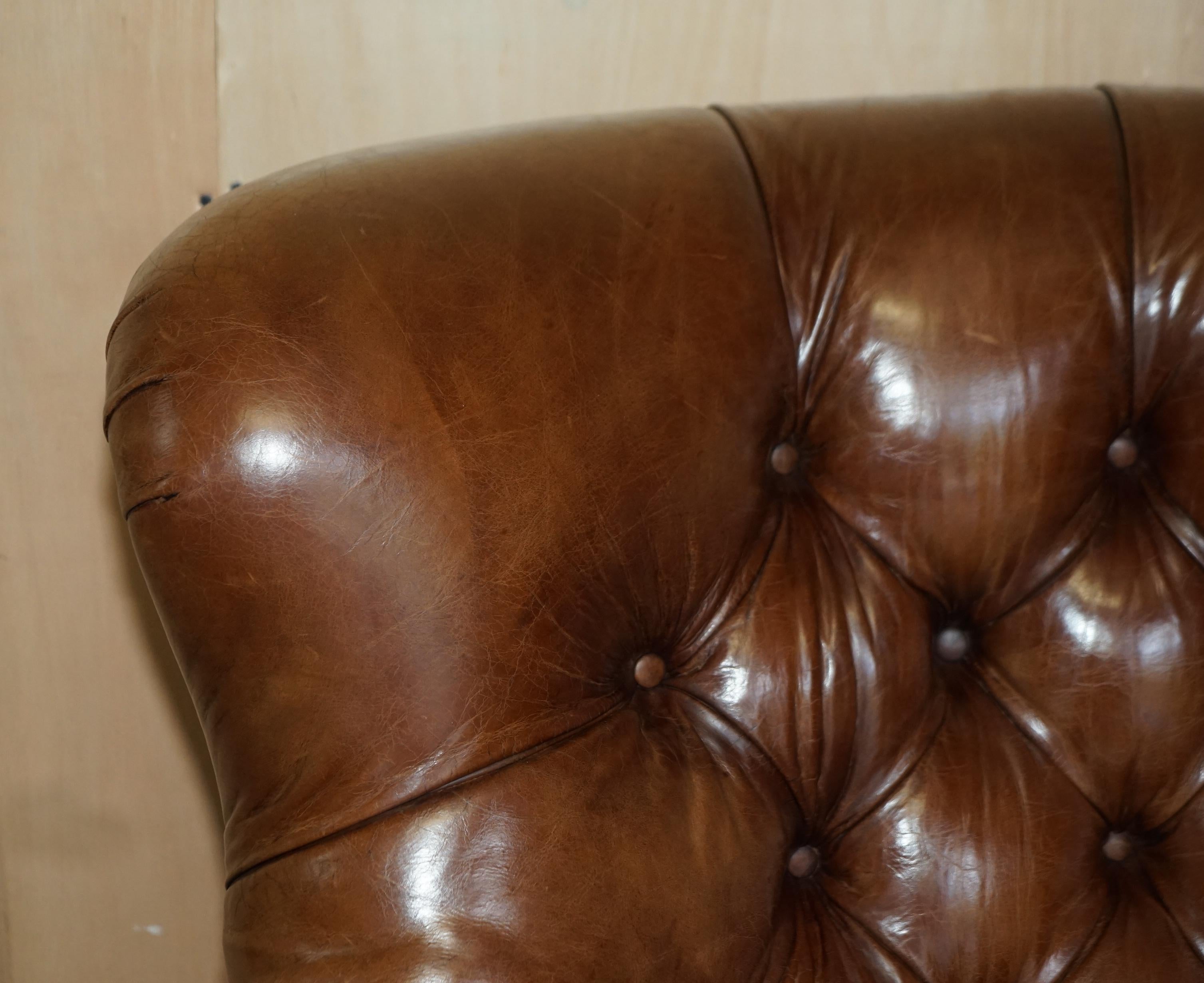 English Ralph Lauren Writer's Aged Brown Leather Armchair and Footstool Ottoman For Sale