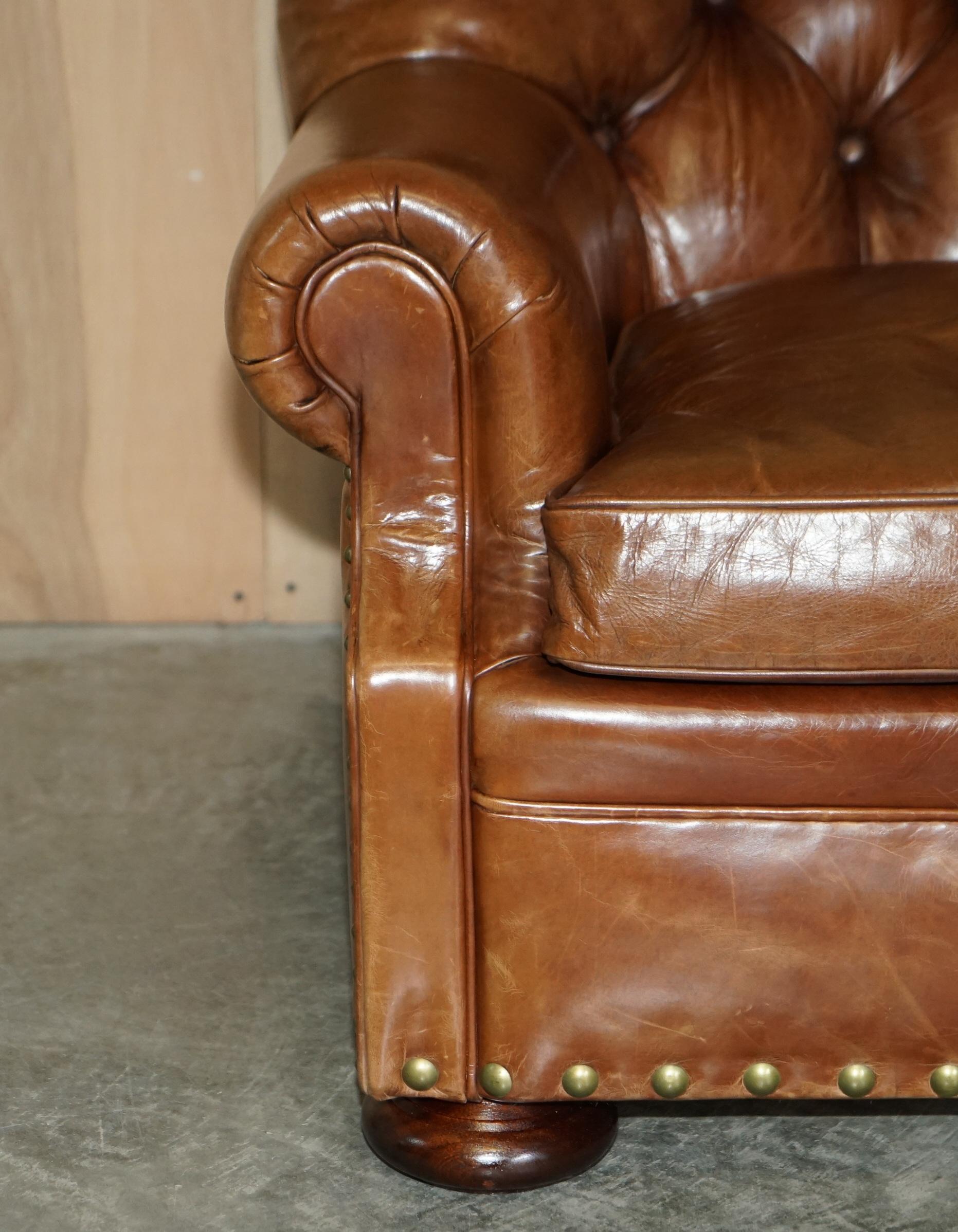 Hand-Crafted Ralph Lauren Writer's Aged Brown Leather Armchair and Footstool Ottoman For Sale