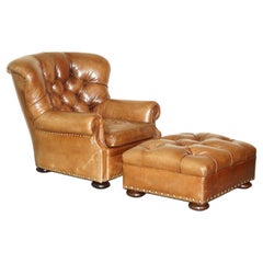 Ralph Lauren Writer's Aged Brown Leather Armchair and Footstool Ottoman