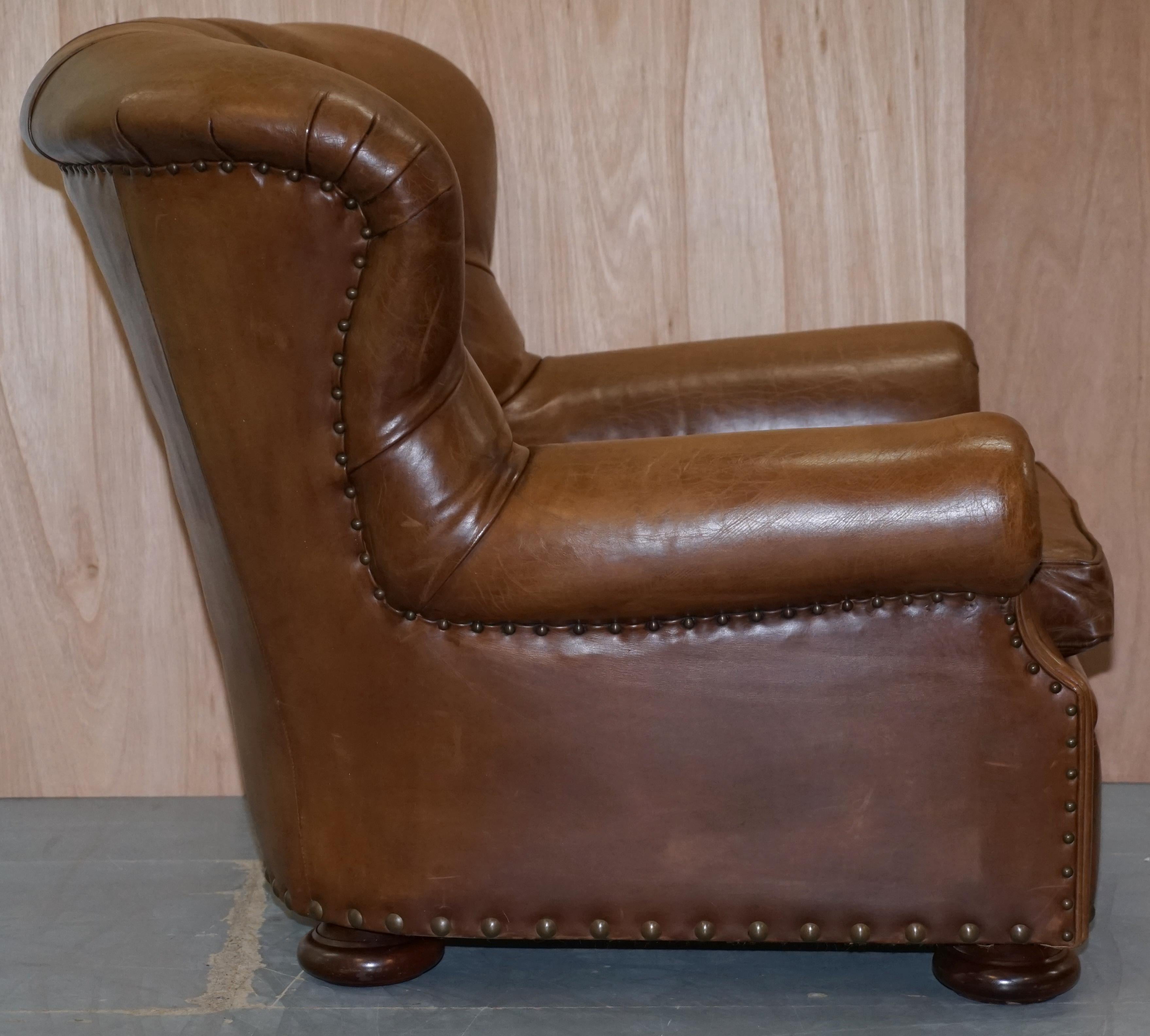  Ralph Lauren Writer's Aged Brown Leather Armchair and Footstool Ottoman 3
