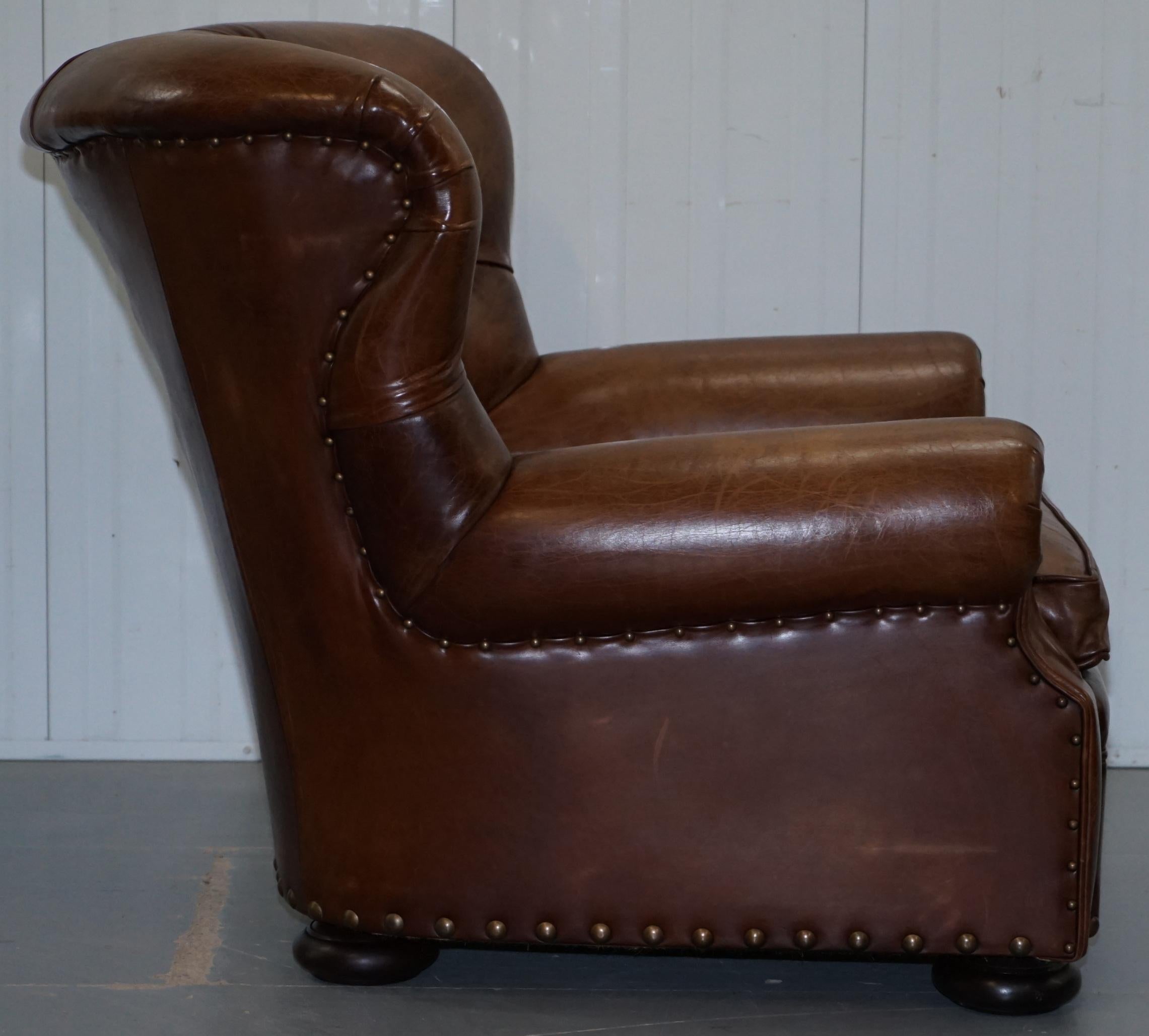 Ralph Lauren Writer's Aged Brown Leather Armchair and Footstool Ottoman 2